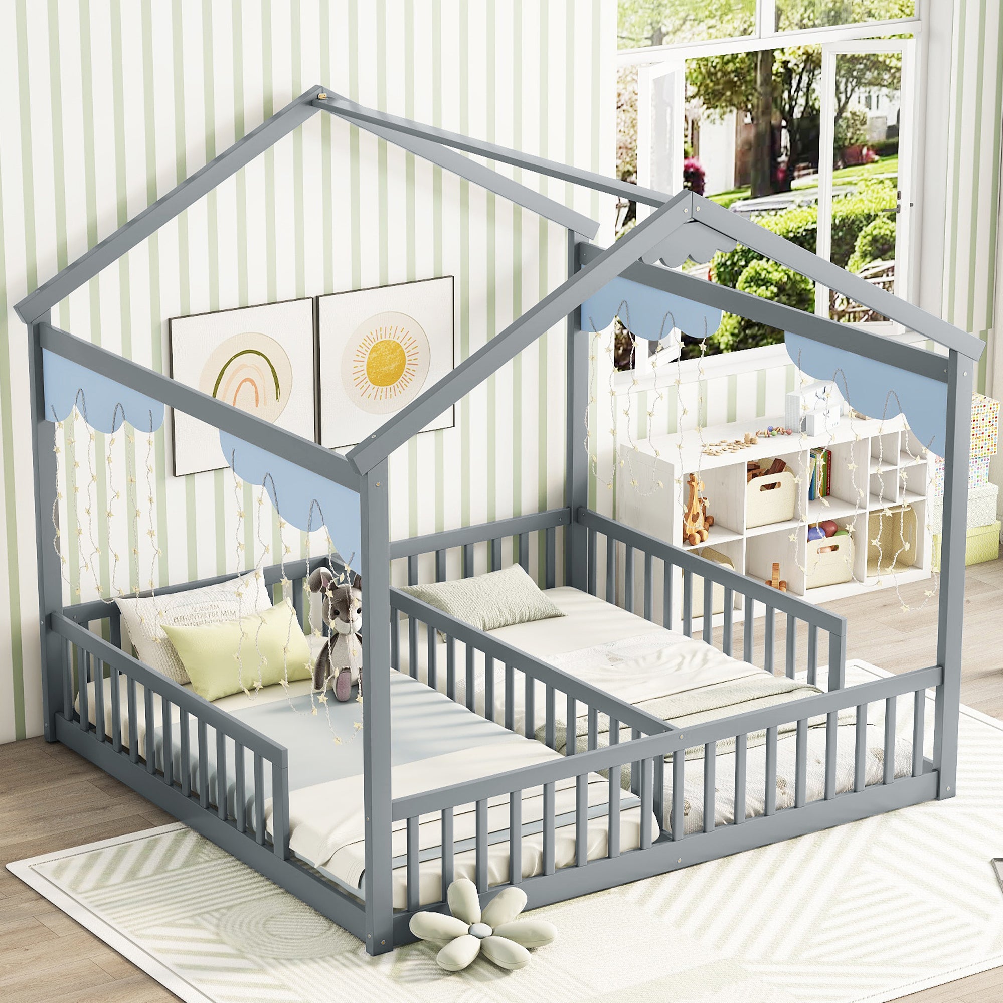 Gray Double Twin House-Style Toddler Floor Bed with Fence and Guardrails