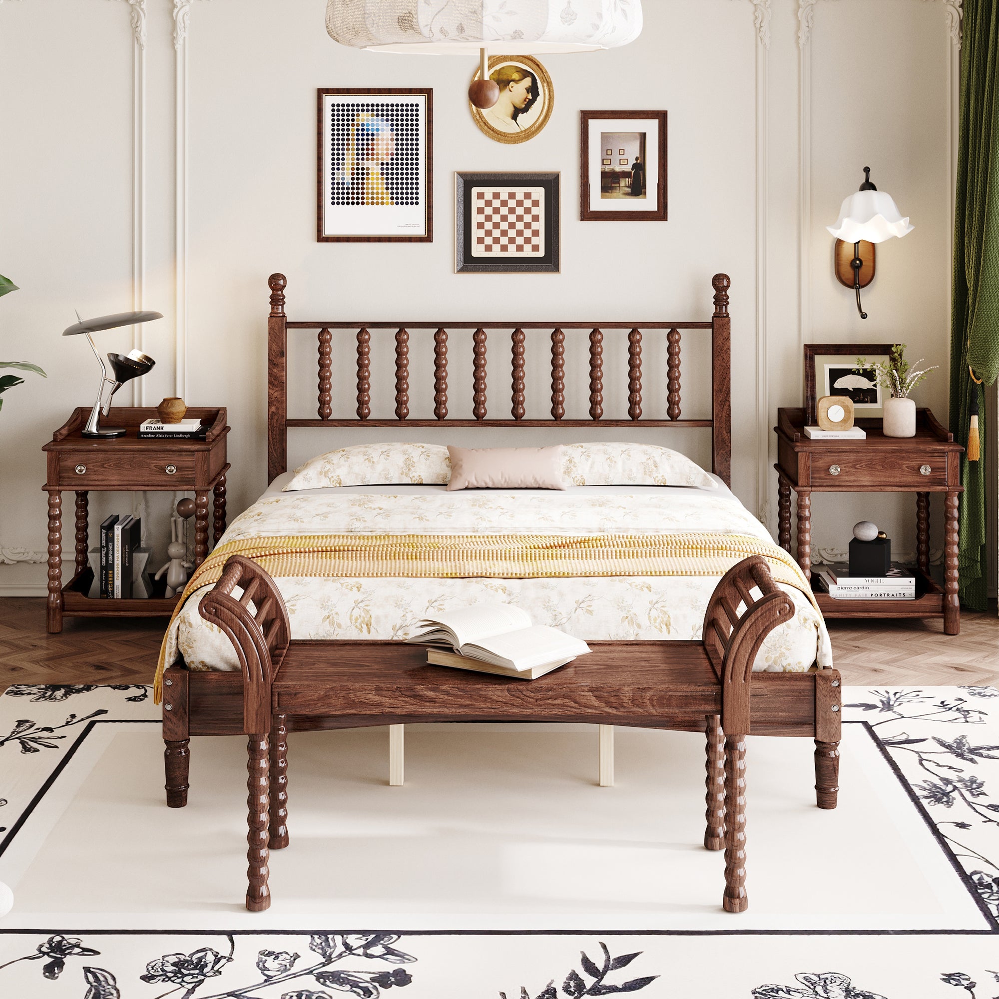 4-Pieces Retro Style Bedroom Sets with Queen Platform Bed and Storage Nightstands In Walnut