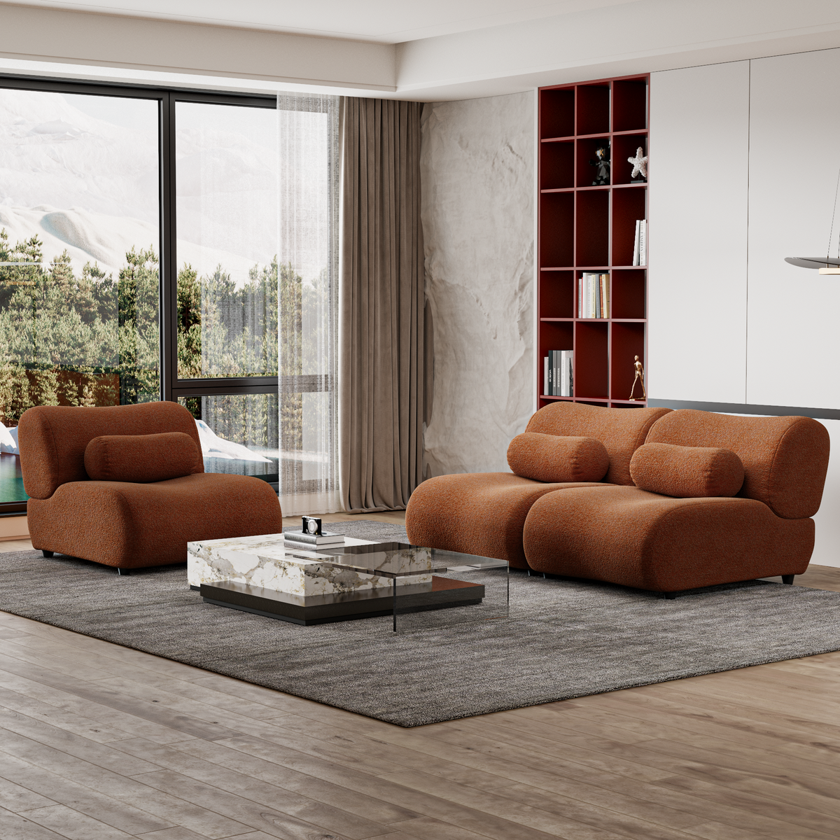 3 Seat Contemporary Orange Chenille Modular Sofa