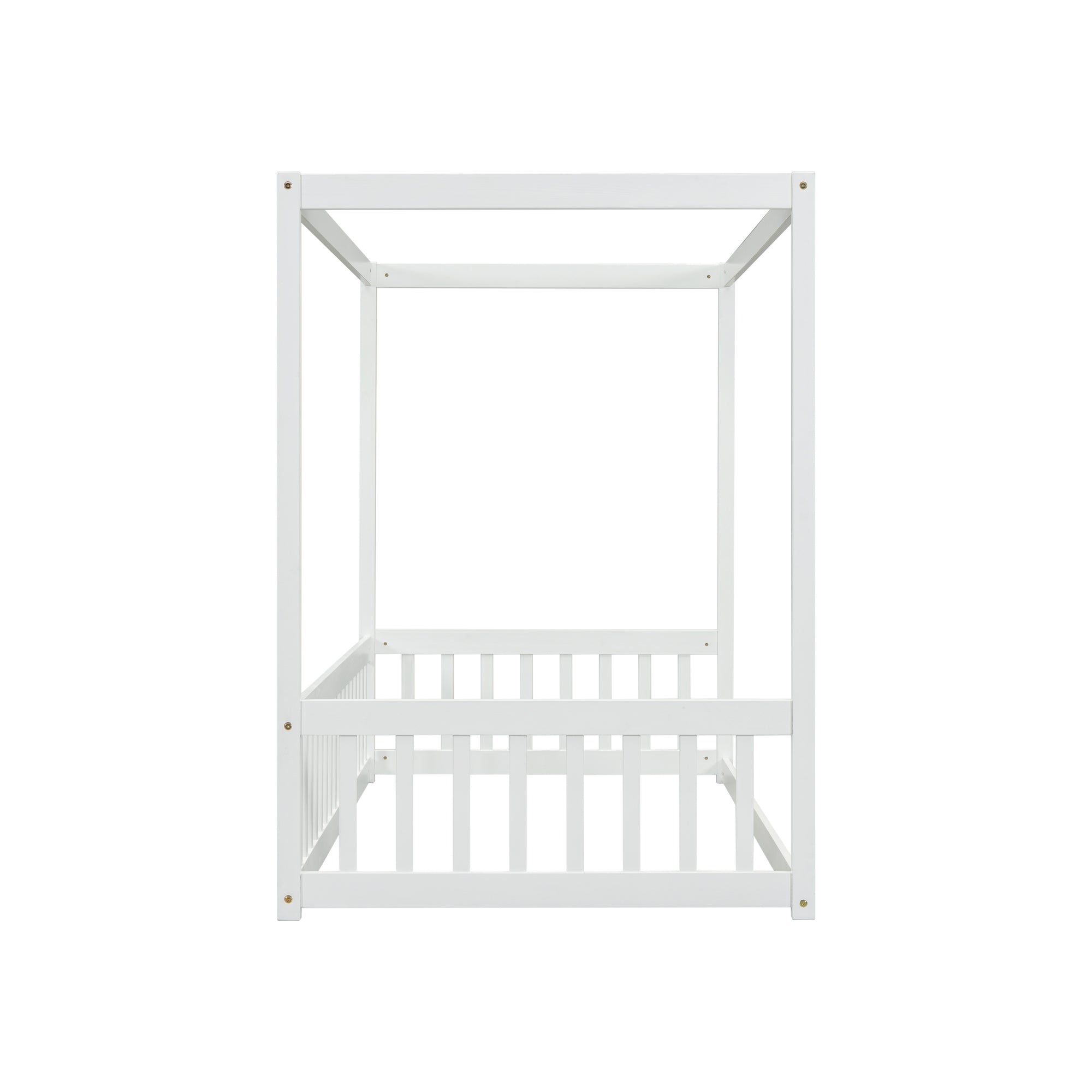 Twin Size White Canopy Frame Floor Bed with Fence and Guardrails