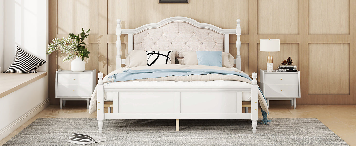 Queen Pine Wooden Bed with Upholstered Headboard and Panel Footboard In White