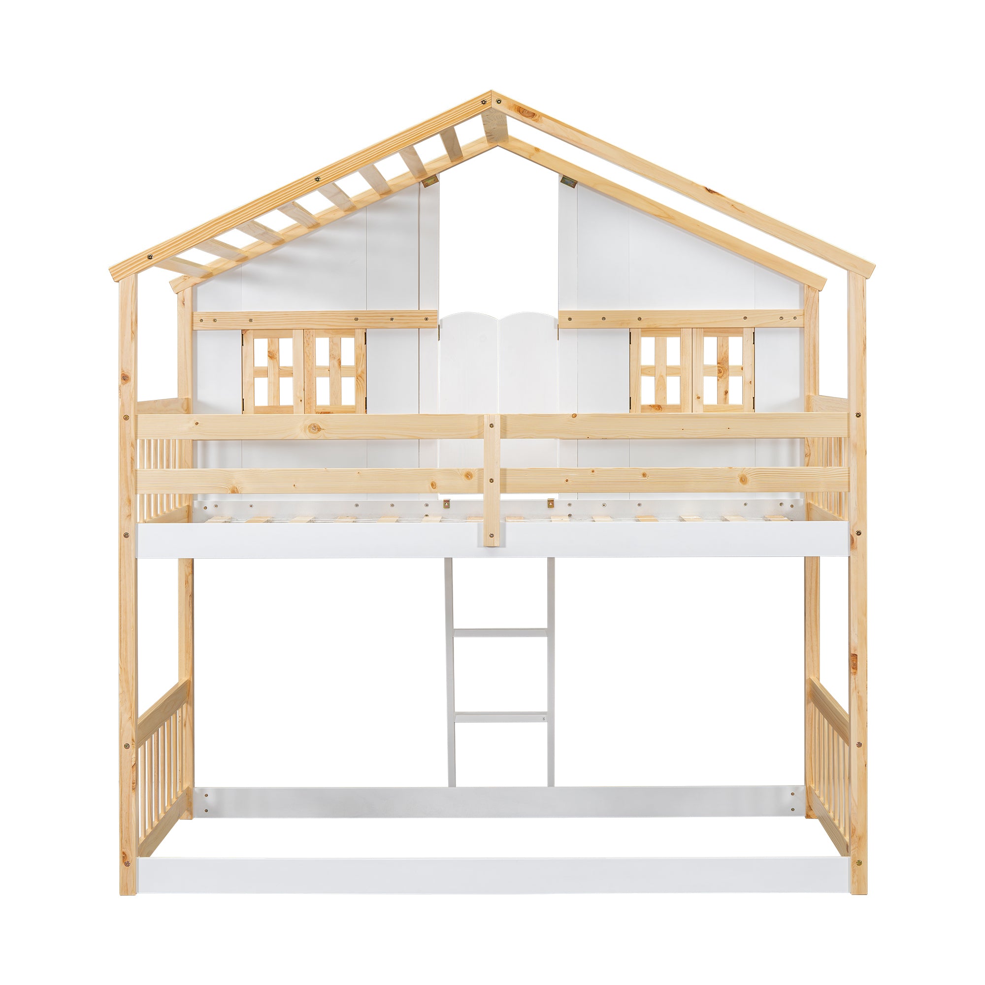 Twin Over Twin House Bunk Bed with Roof, Window, and Door in Natural and White Tones