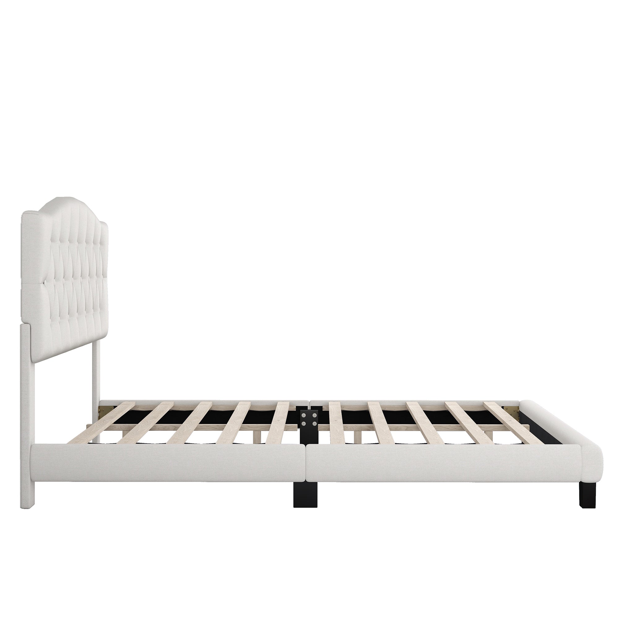 Beige Queen Size Upholstered Platform Bed with Diamond-Tufted Headboard