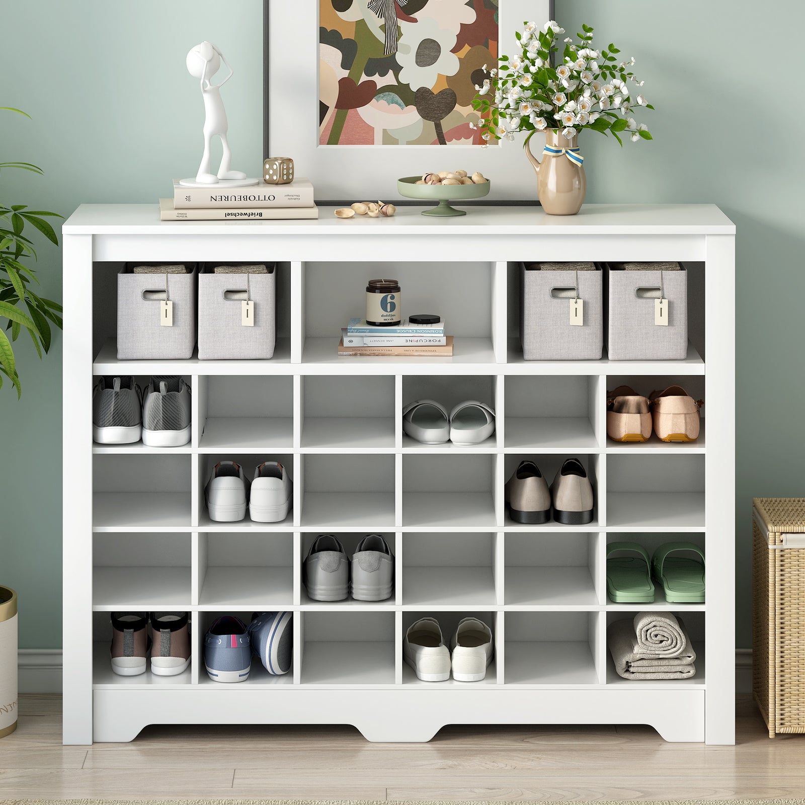 45" White Sleek 24 Shoe Cubby Console