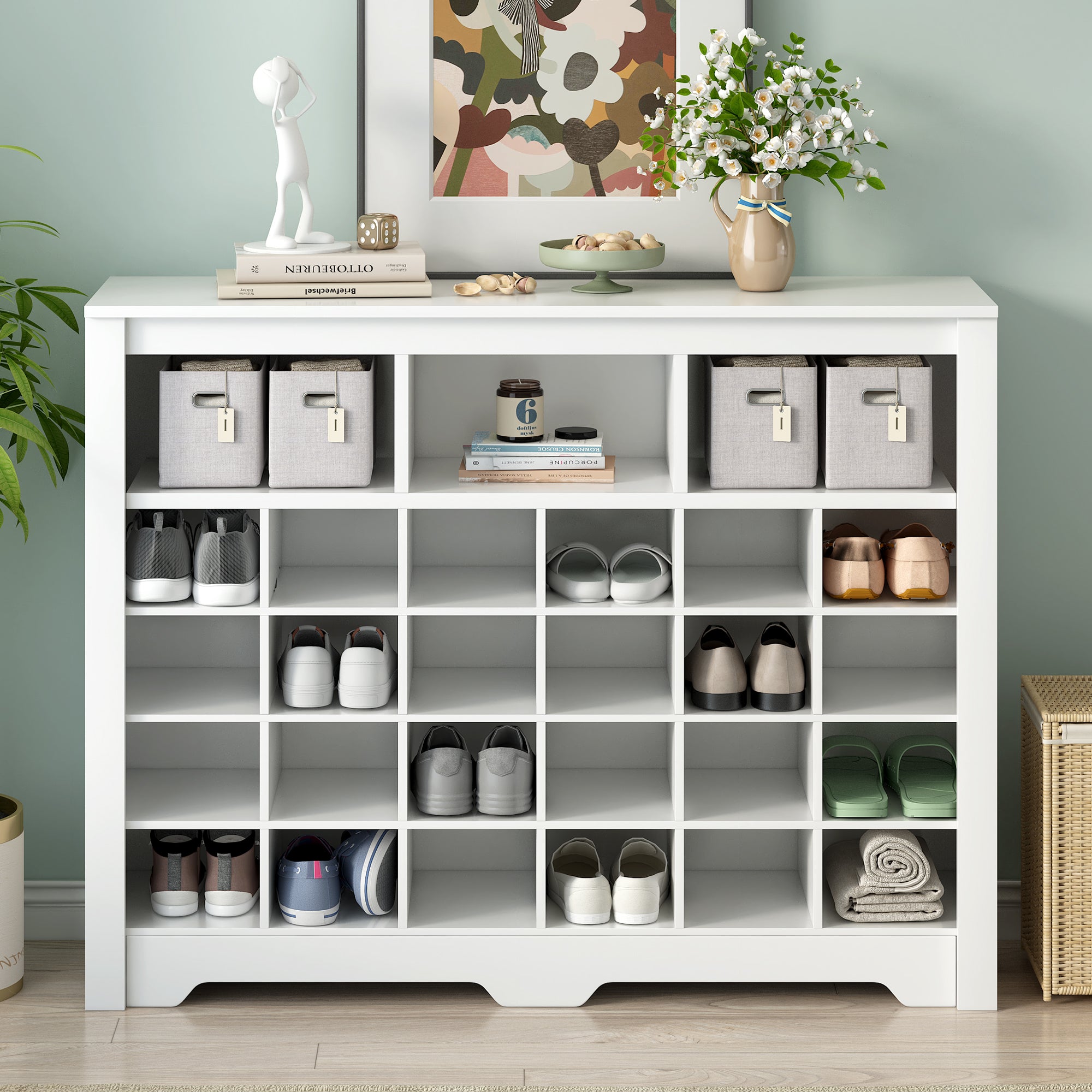 Sleek Design 24 Shoe Cubby Console Modern Shoe Cabinet with Curved Base Versatile Sideboard High-Quality In White