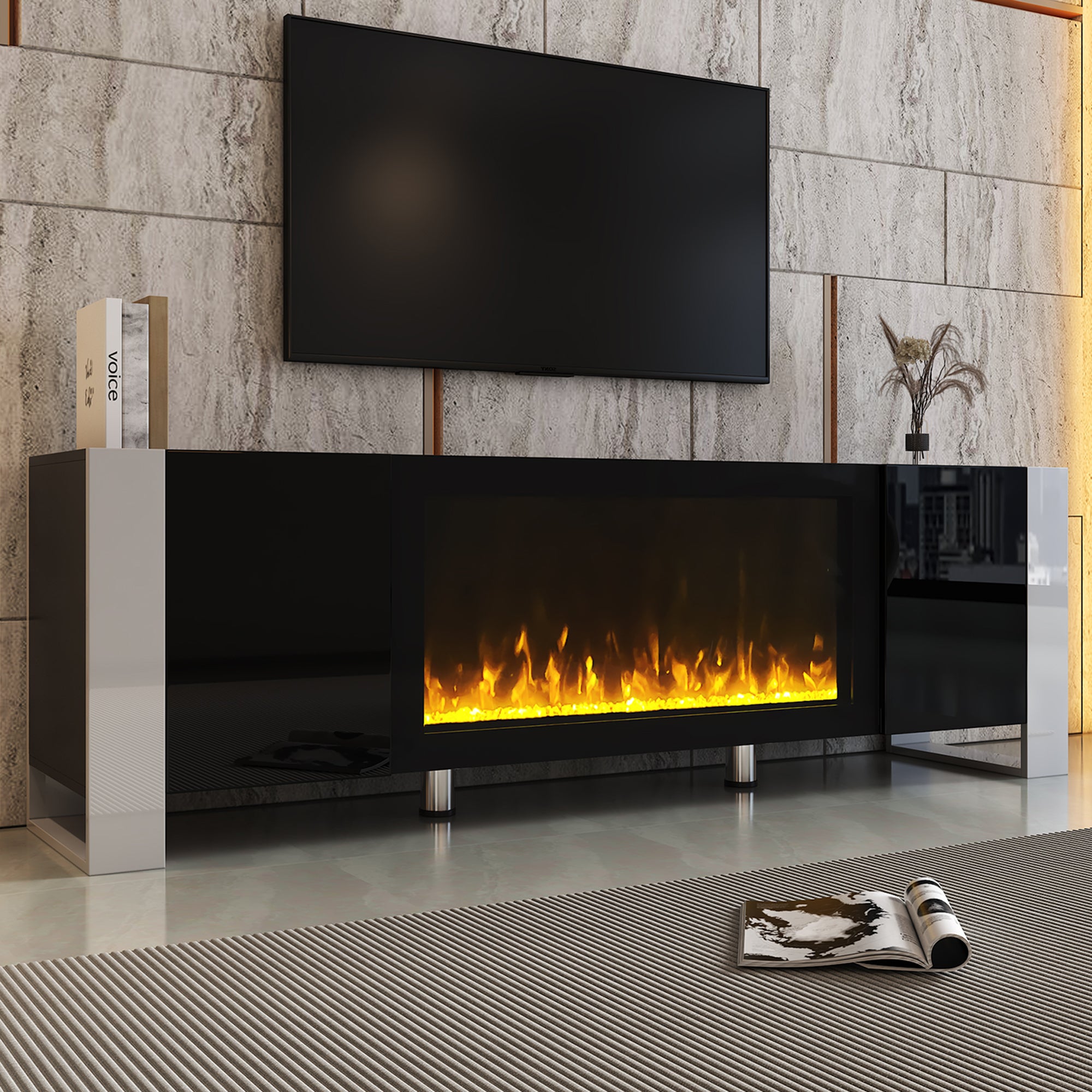 Modern TV Stand with 34.2 Non-heating Electric Fireplace High Gloss Entertainment Center for TVs Up to 78 In Black