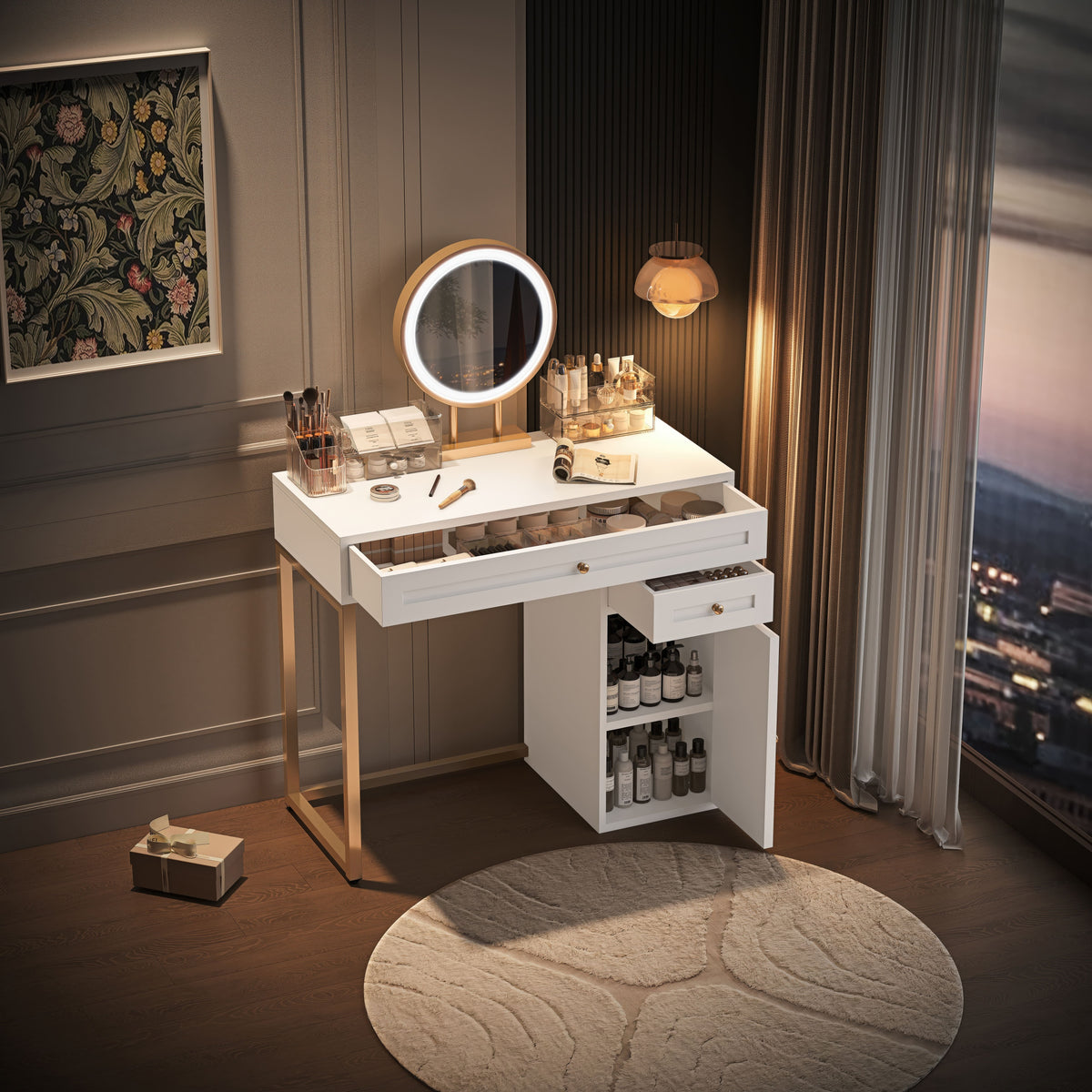32&quot; White-Gold Makeup Vanity Desk with Lit Mirror &amp; Storage