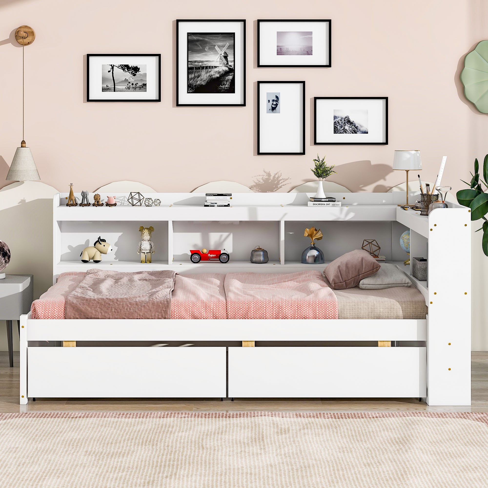 White Twin Bed with L-Shaped Bookcases and Storage Drawers