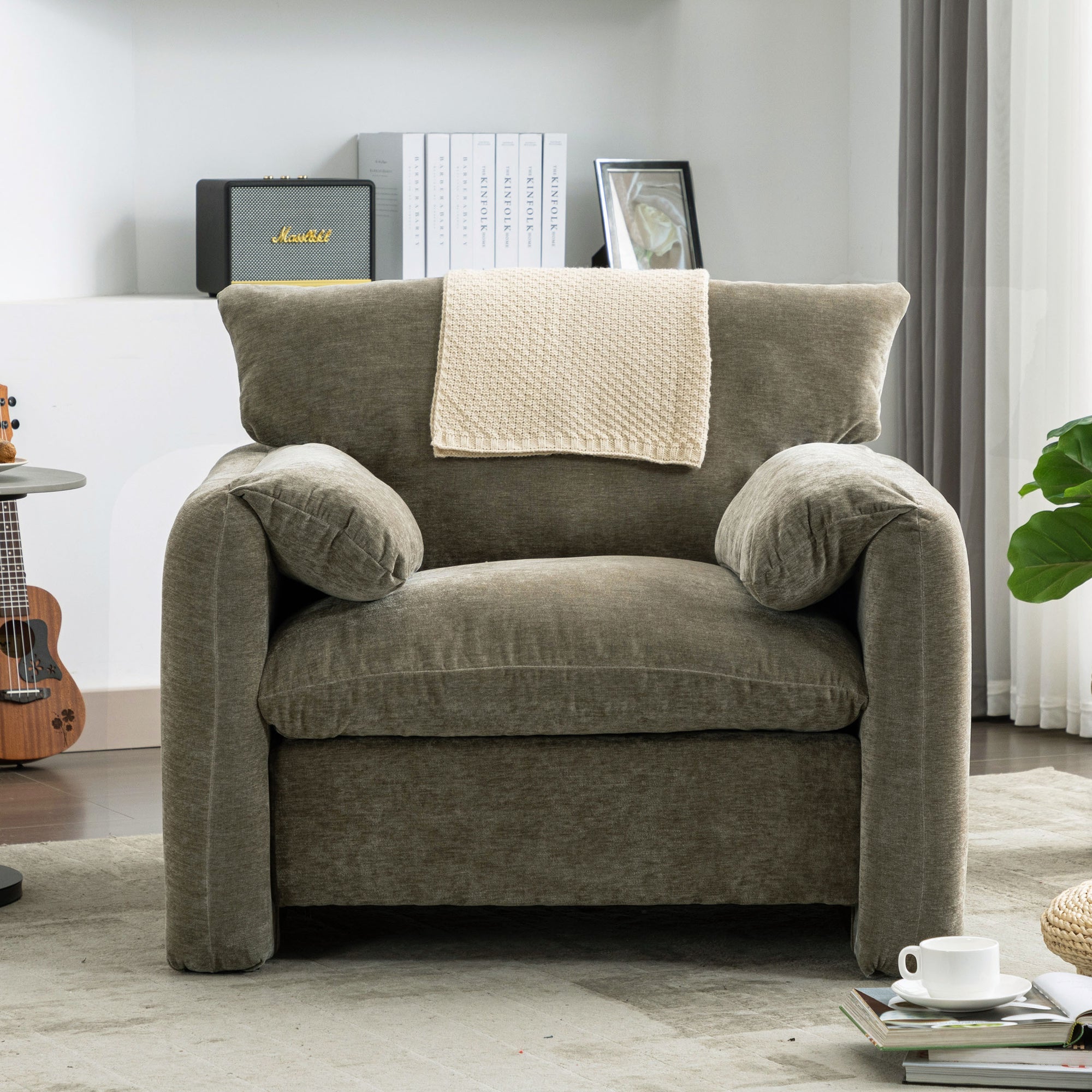 Modern Chenille Oversized Armchair In Matcha Green