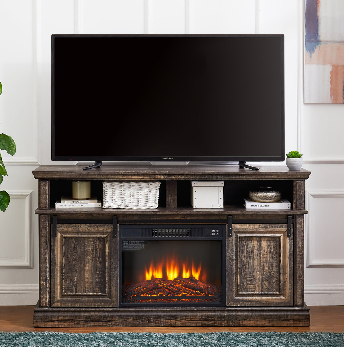 60" Brown Mid Century Modern Entertainment Center &amp; TV Stand with 23" Electric Fireplace