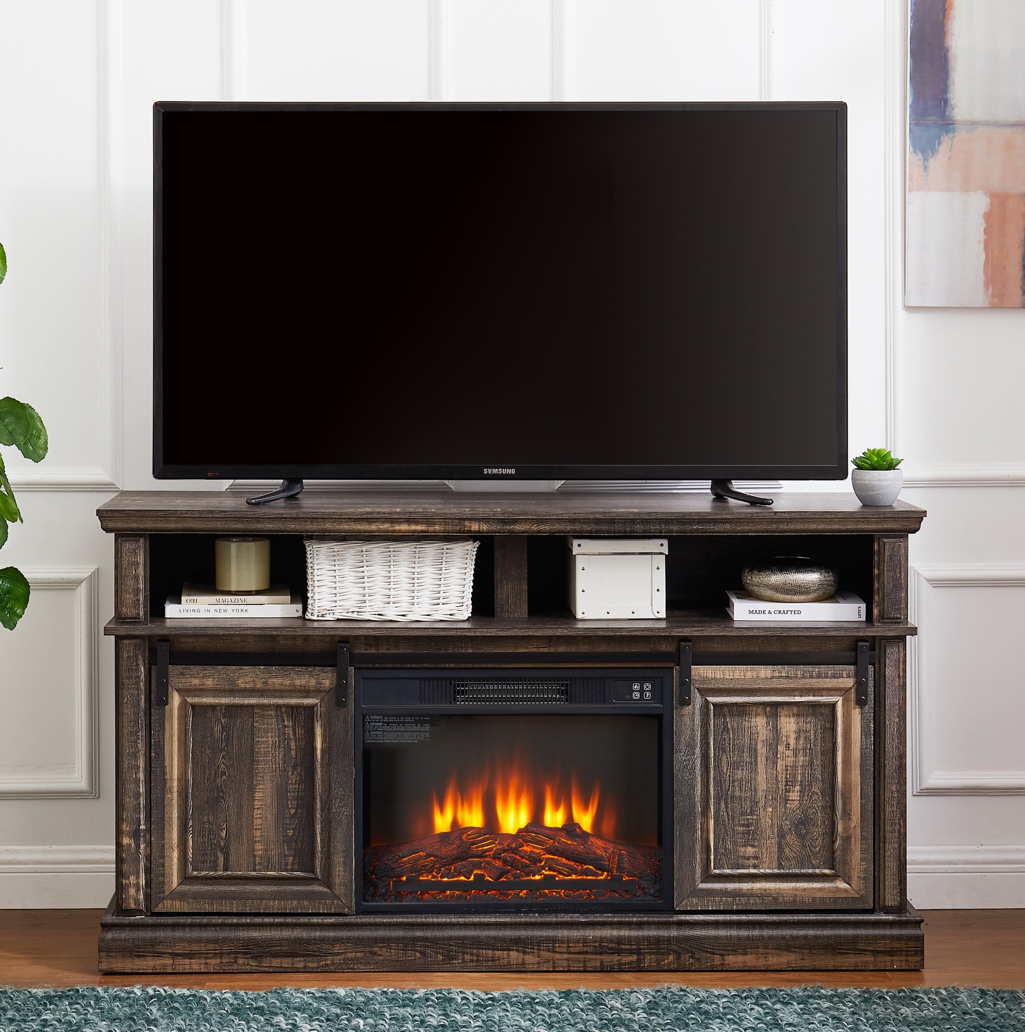 Modern Entertainment Console TV Stand with 23 Fireplace Insert and Large Storage Space In Antique Brown