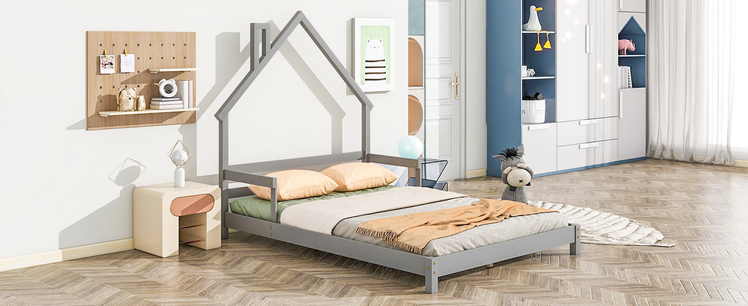 Gray Full House-Shaped Headboard Bed with Handrails and Slats