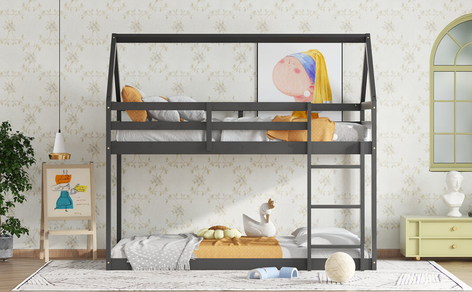 Black Twin Over Twin Rubber Wood Floor Bunk Bed