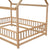 Natural Full Size Floor Wooden Toddler Floor Bed with House Roof Frame and Fence Guardrails