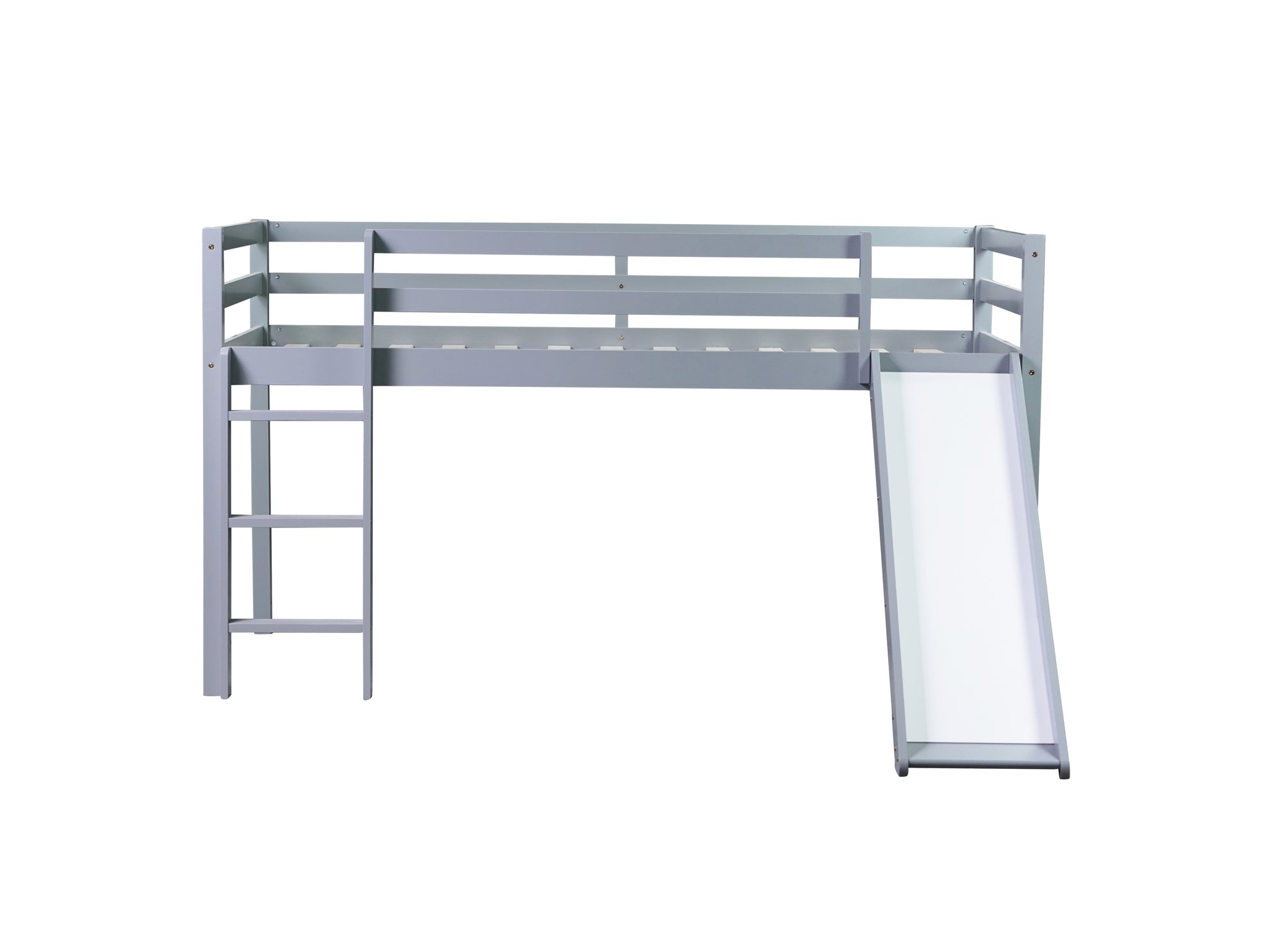 Gray Twin Low Loft Bed with Slide, Ladder, and Guardrails