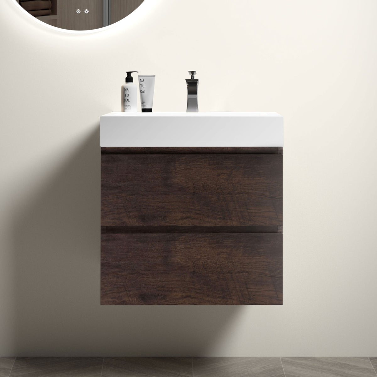 24 Walnut Floating Bathroom Vanity with Sink Large Storage Wall Mounted Design One-Piece White Basin Pre-assembled In White