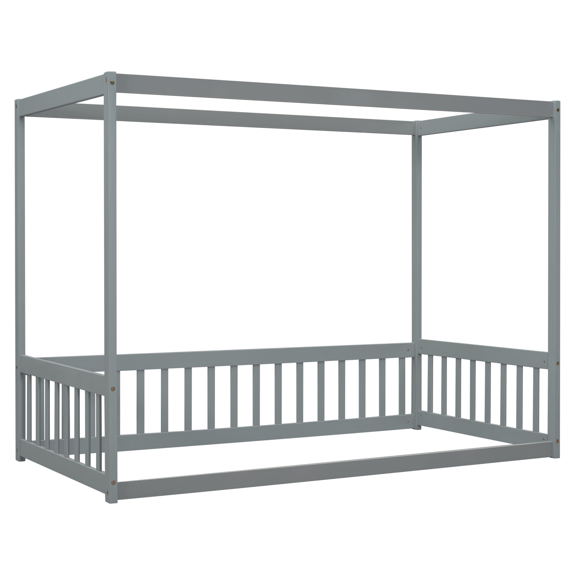 Gray Twin Size Canopy Frame Floor Bed with Fence and Guardrails