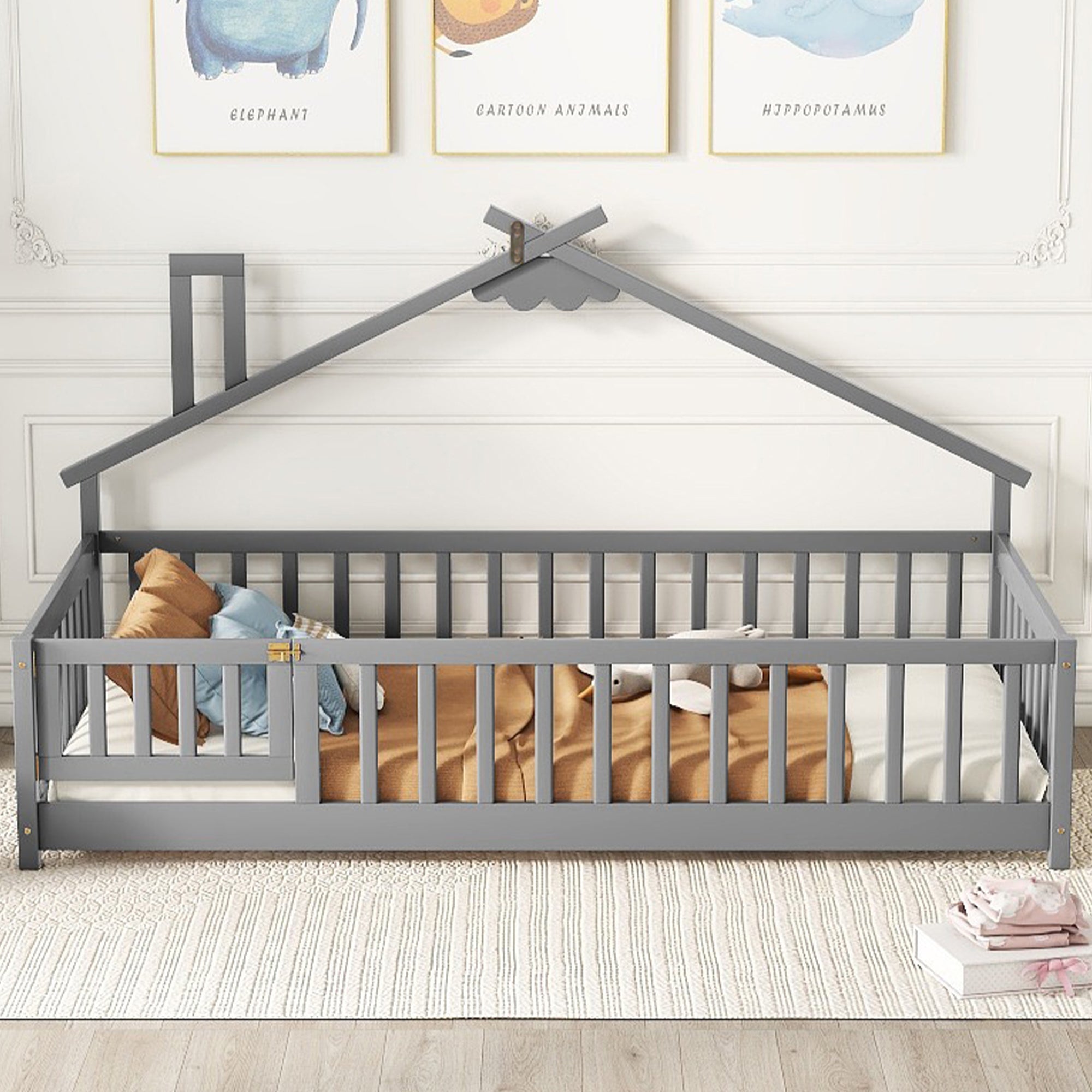 Twin House-Shaped Bedside Toddler Floor Bed with Guardrails and Door in Gray