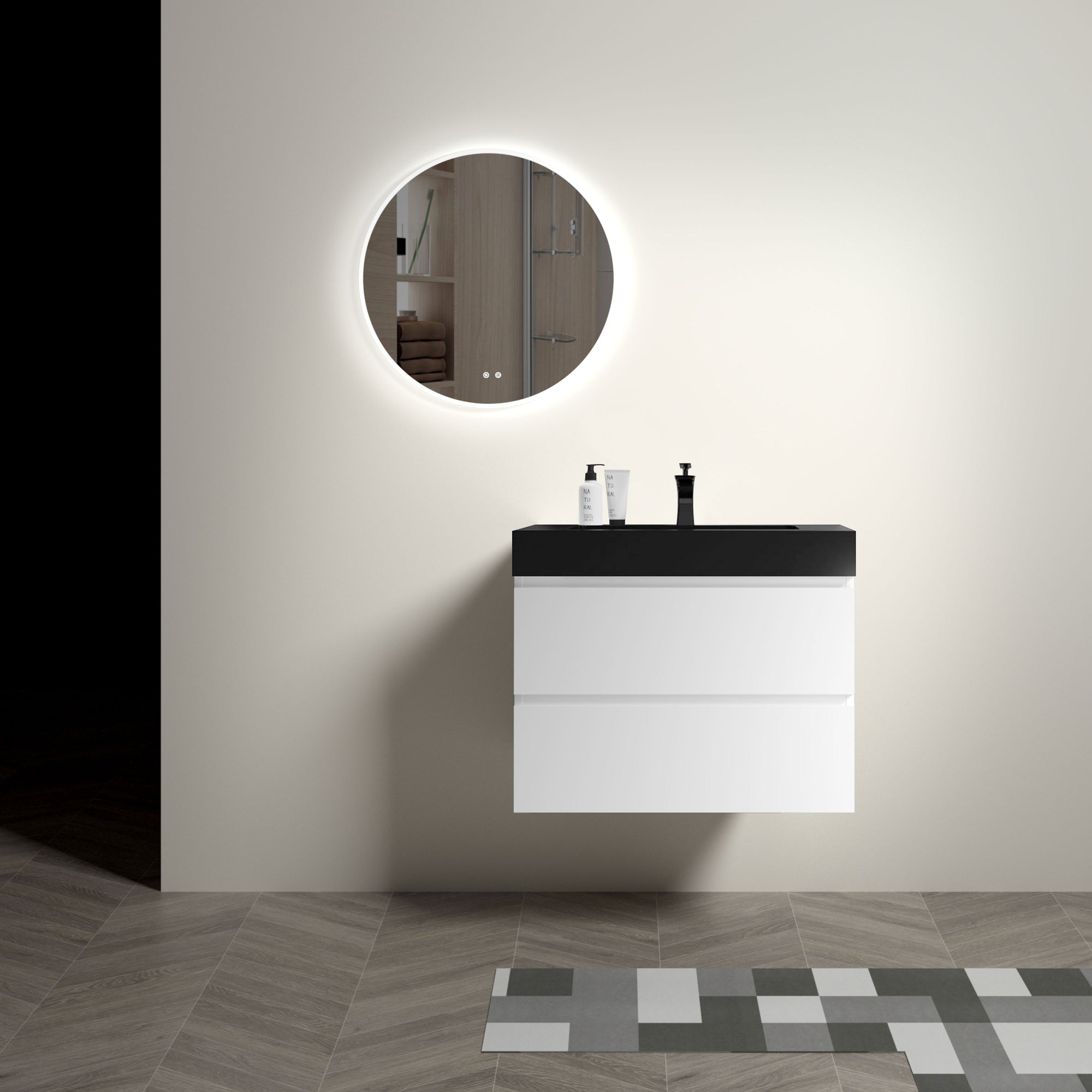 30' White Bathroom Vanity with Sink Large Storage Wall Mounted Floating Design One-Piece Black Basin Pre-assembled In White and Black