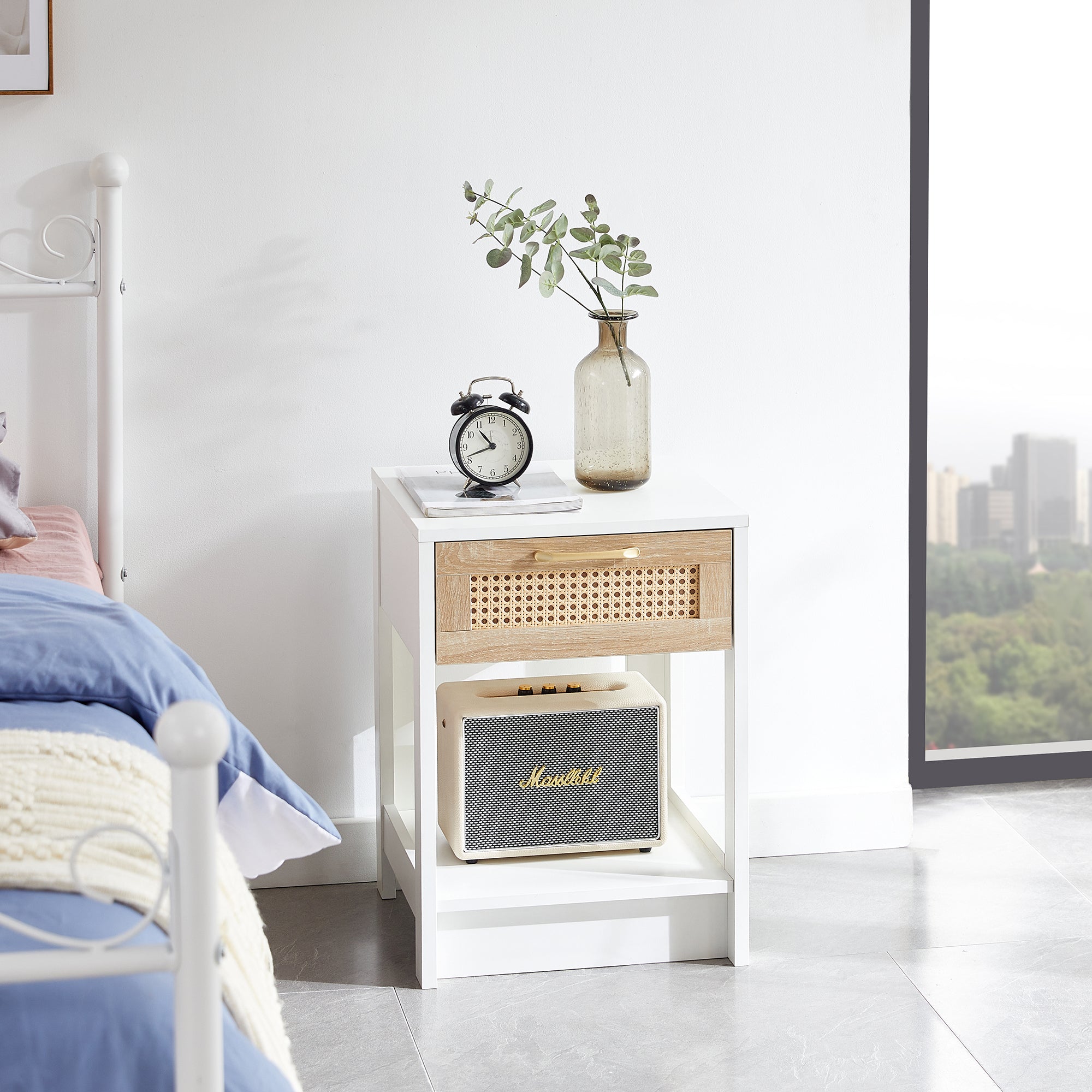 Modern 15.75 Inch Rattan End Table With Drawer In White