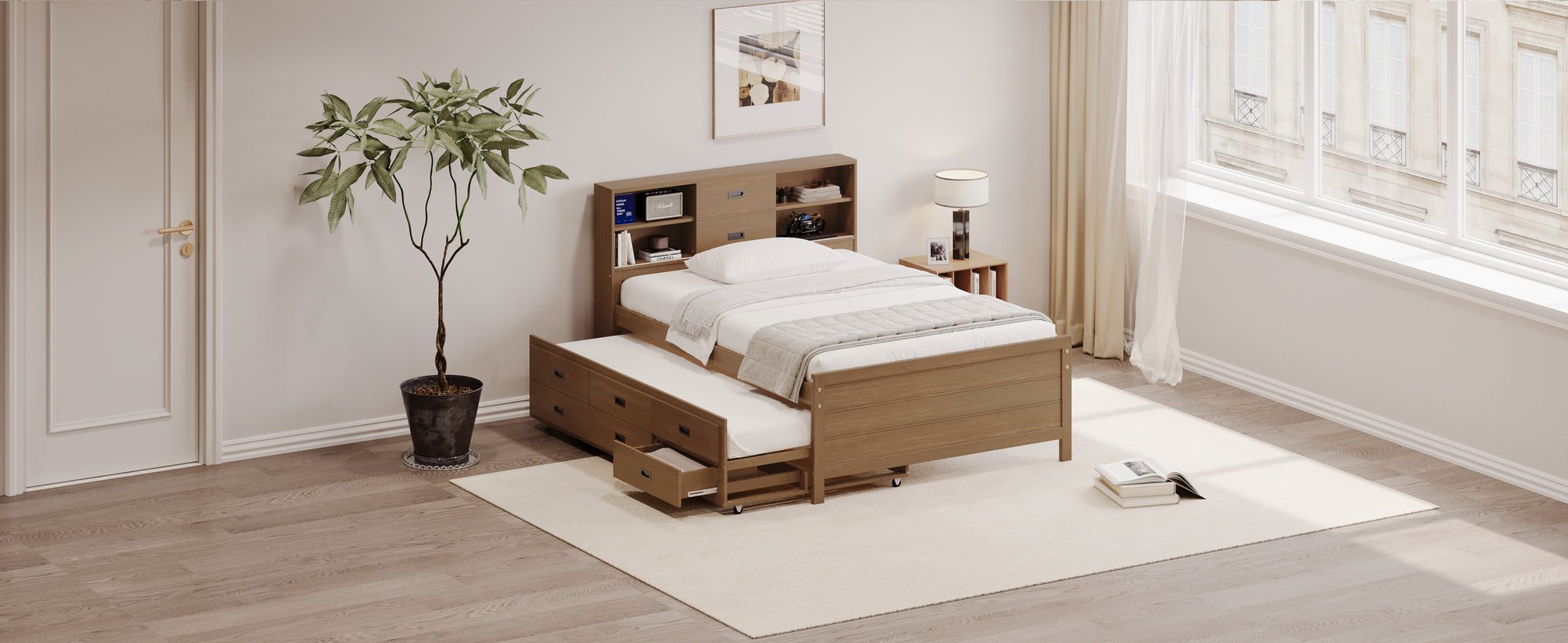 Walnut Finish Full Wooden Bed Frame with Trundle, Drawers, and Storage Headboard