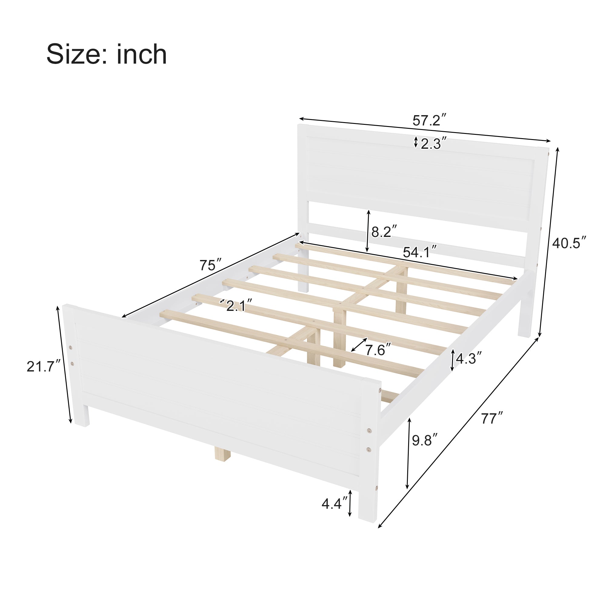 Full-Size Solid Wood Platform Bed Frame in White