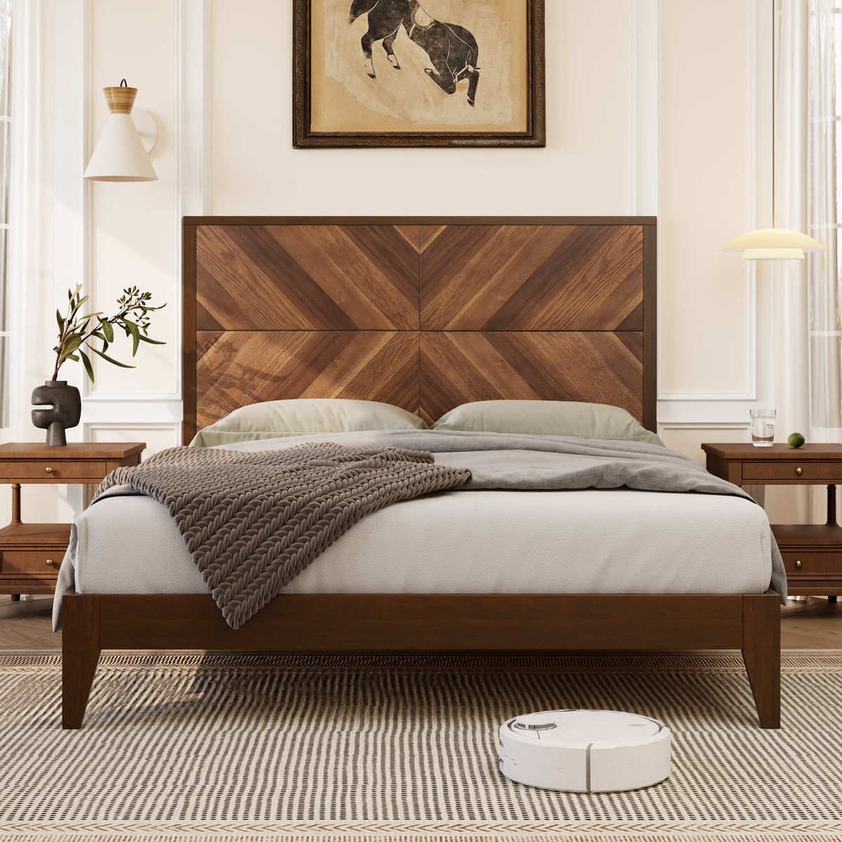 King Bed Frame in Walnut with Mid-Century Modern Design