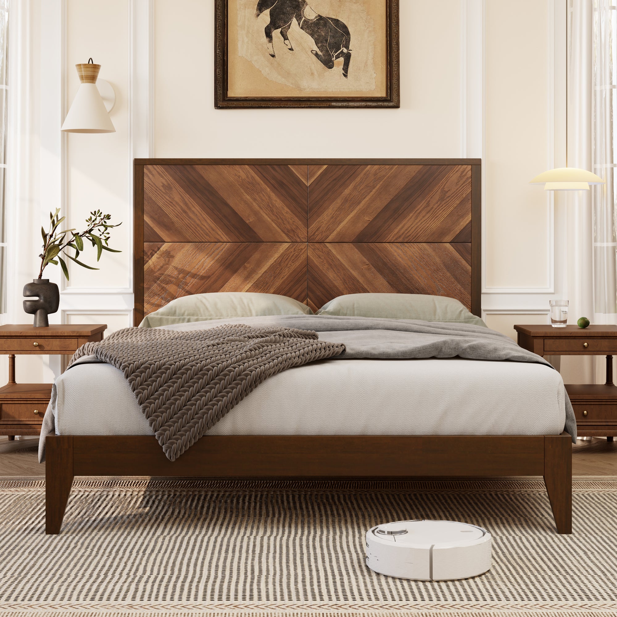 Walnut Mid-Century Modern Full Wood Bed Frame