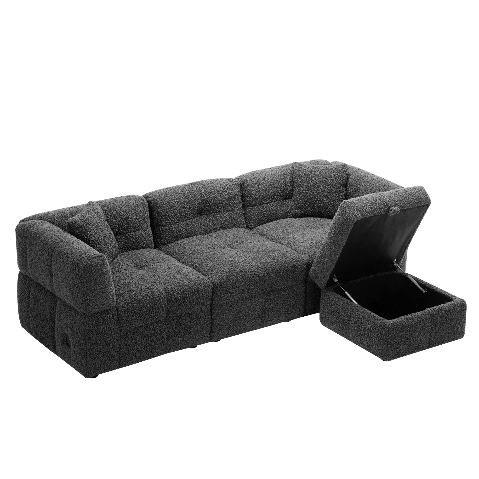 Gray Teddy Fleece Sectional Sofa with Multi-Functional Storage Ottoman