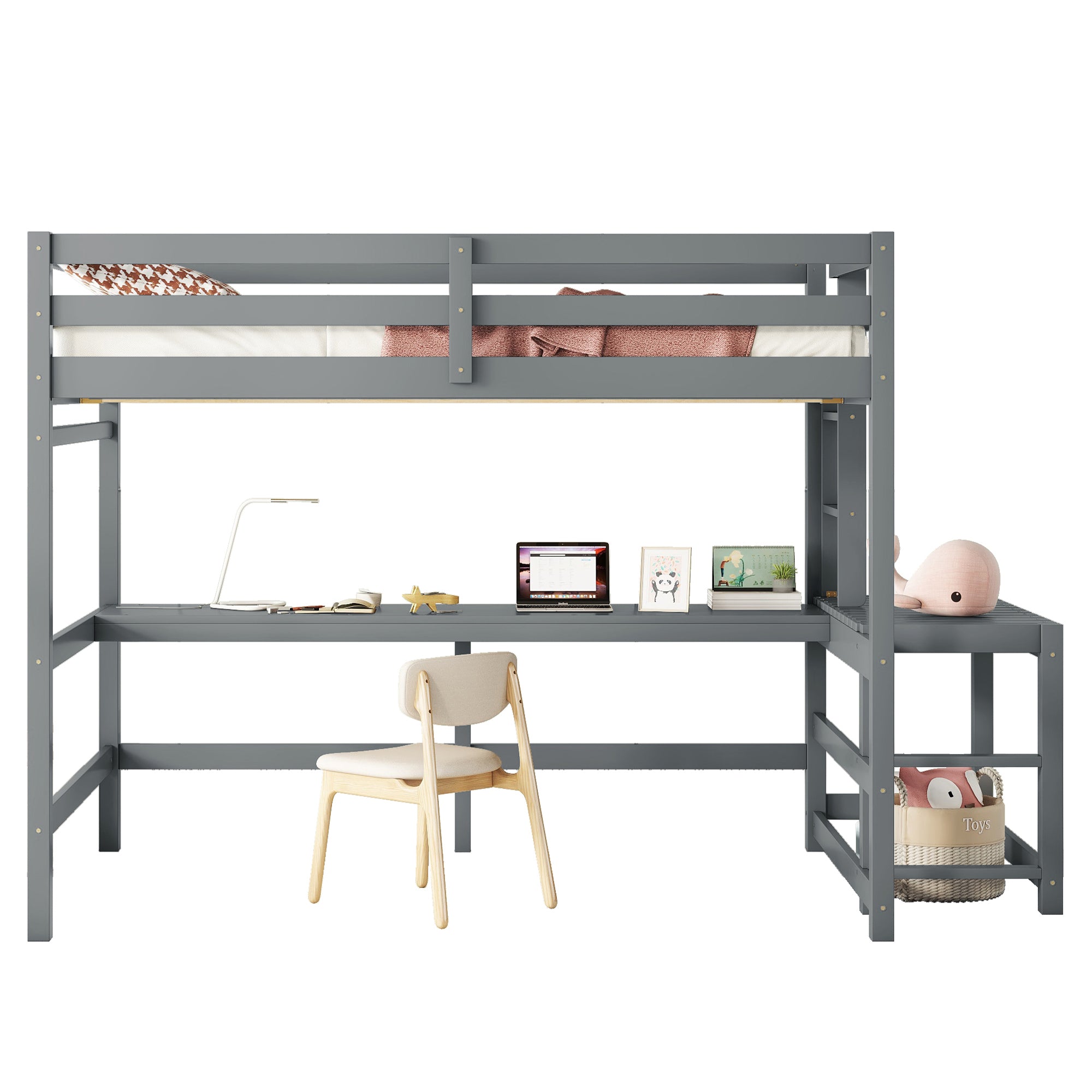 Gray Full Size High Loft Bed with Built-in Desk, Ladder Platform, and Guardrails