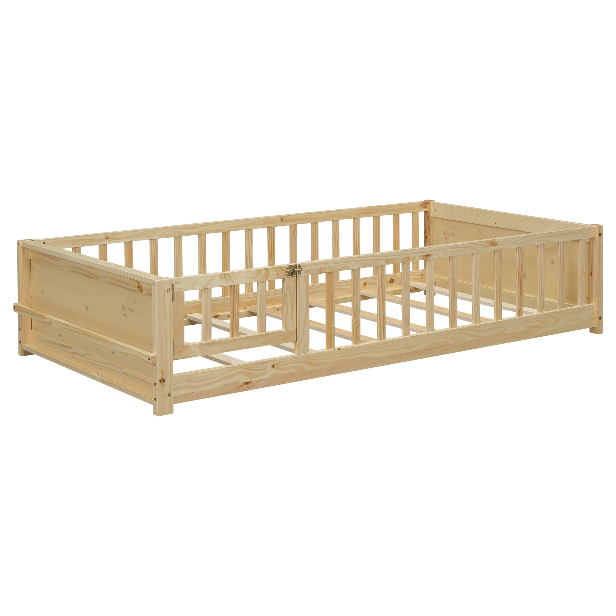 Natural Finish Twin Size Toddler Floor Platform Bed with Built-in Book Storage Rack and Door