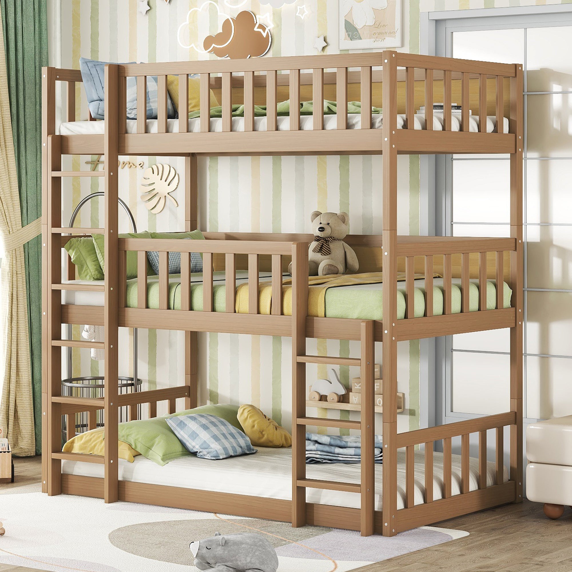 Twin Size Triple Rubber Wood Detachable Bunk Bed in White Oak