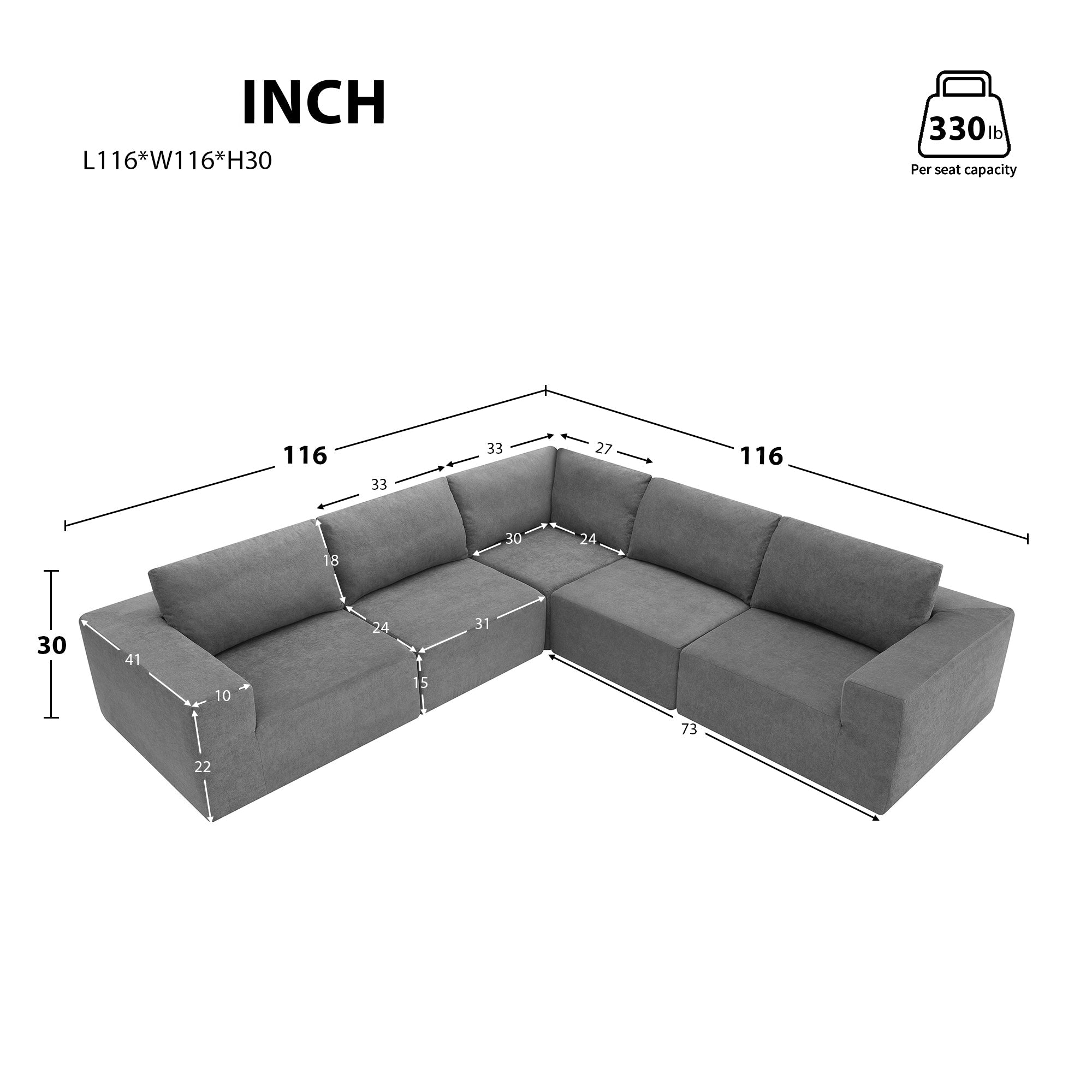 Kyoto Modular Sectional Sofa with Terrycloth Fabric in Gray