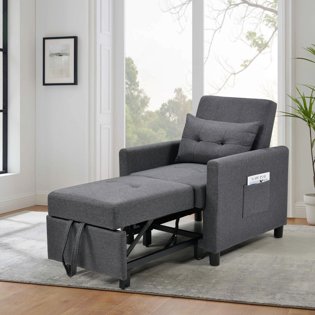 3-in-1 Dark Gray Convertible Futon Sofa Bed with Adjustable Backrest and Lumbar Pillow