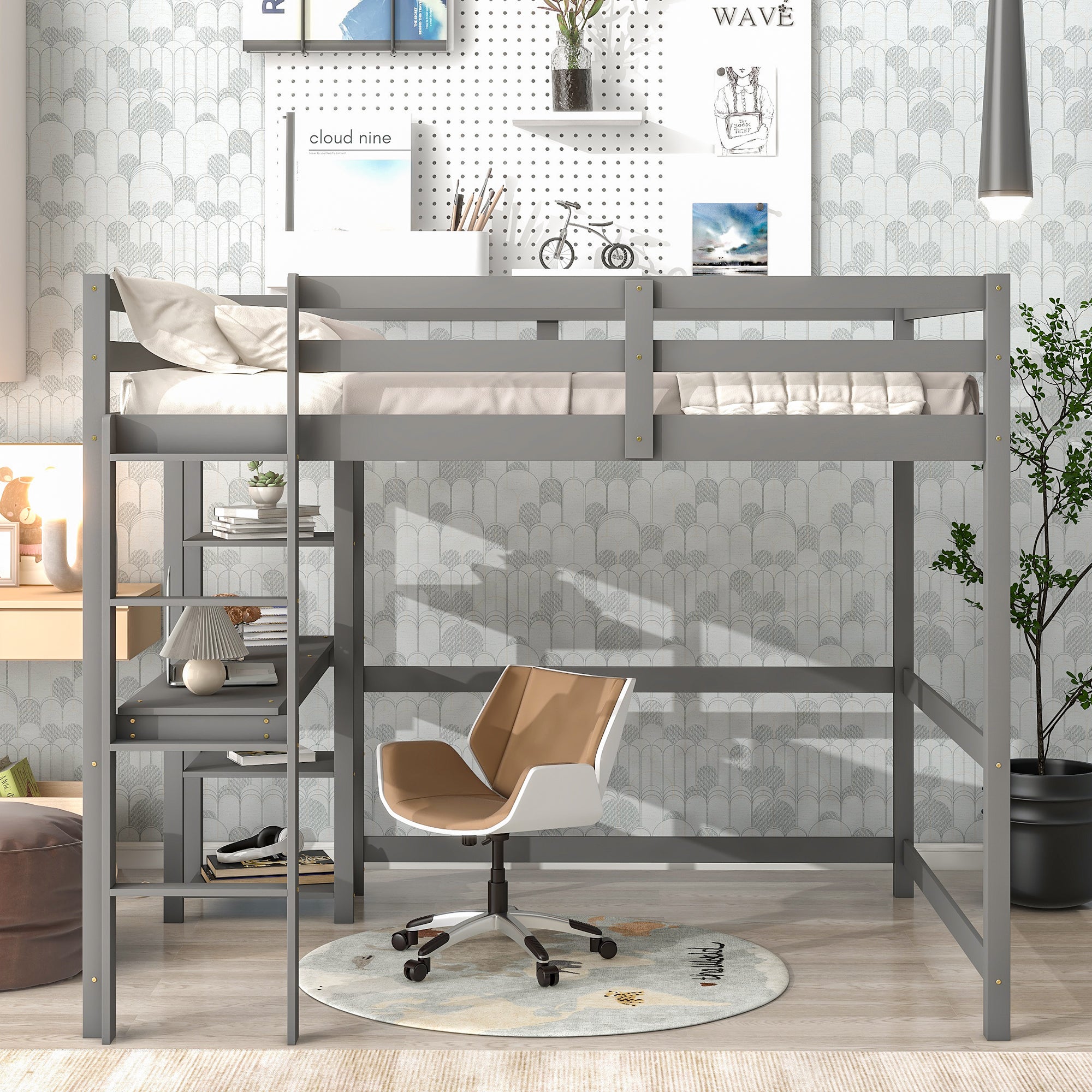 Gray Full Loft Bed with Desk, Ladder, and Shelves