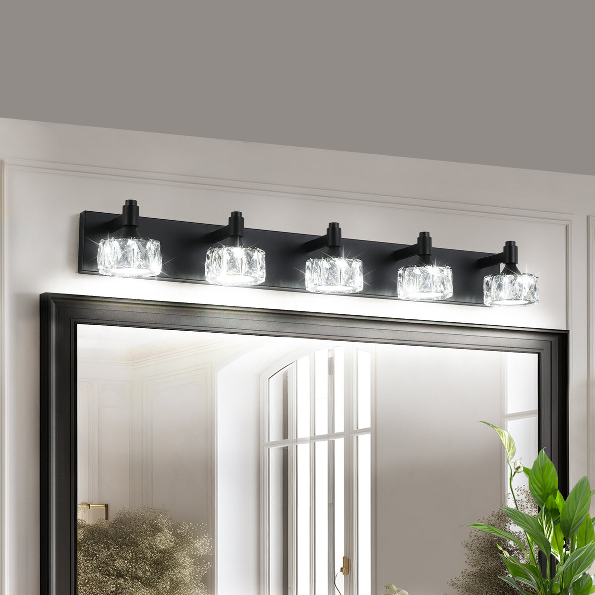 Aestin&#39;s Modern 5-Light Matte Black LED Vanity Light Fixture with Crystal Glass Shades