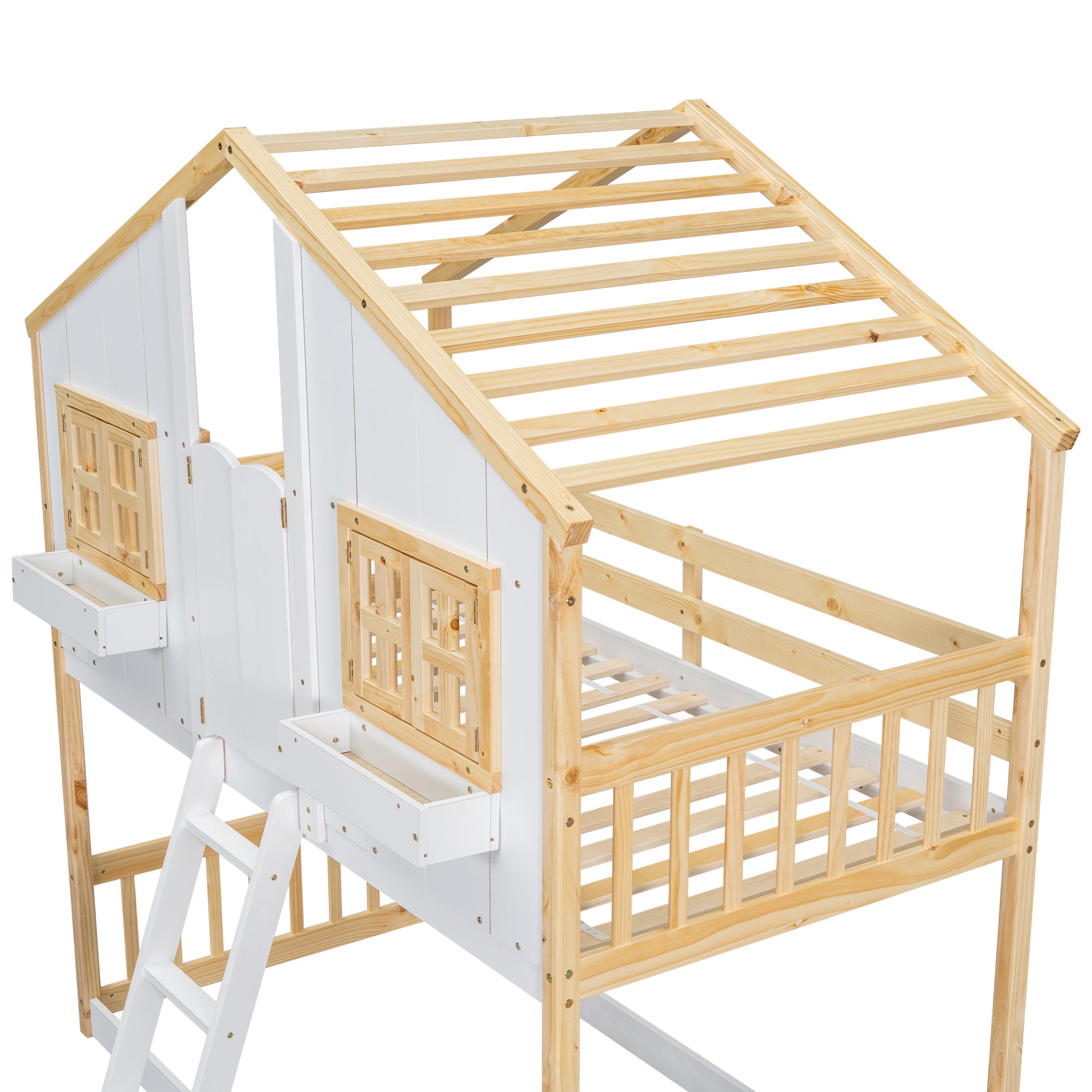 Twin Over Twin House Bunk Bed with Roof, Window, and Door in Natural and White Tones