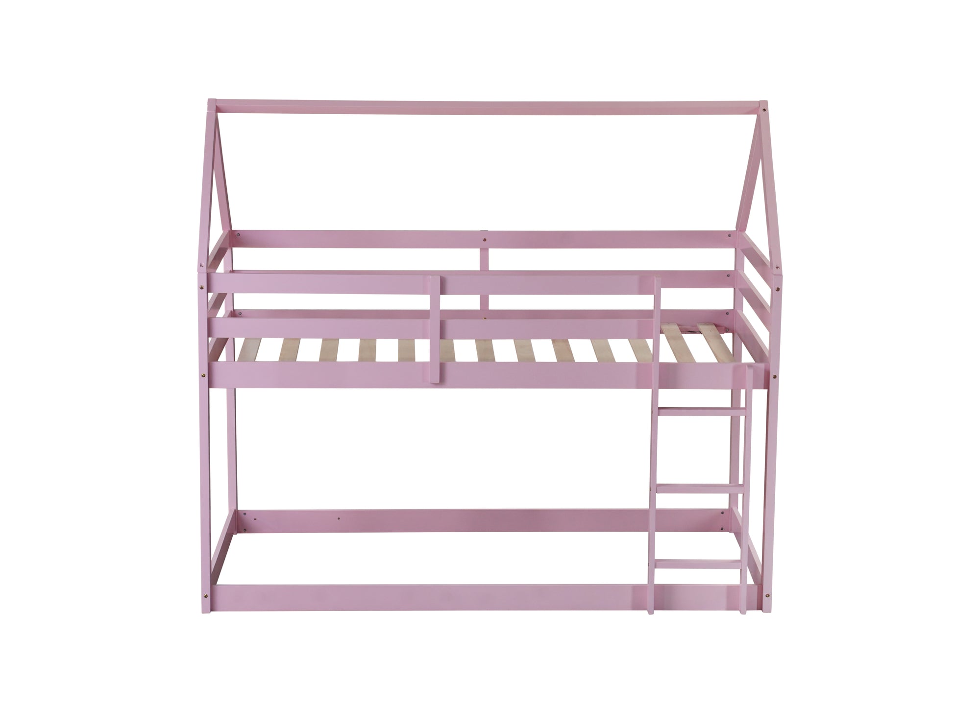 Twin Over Twin Pink House-Shaped Floor Bunk Bed with Ladder and Guardrails