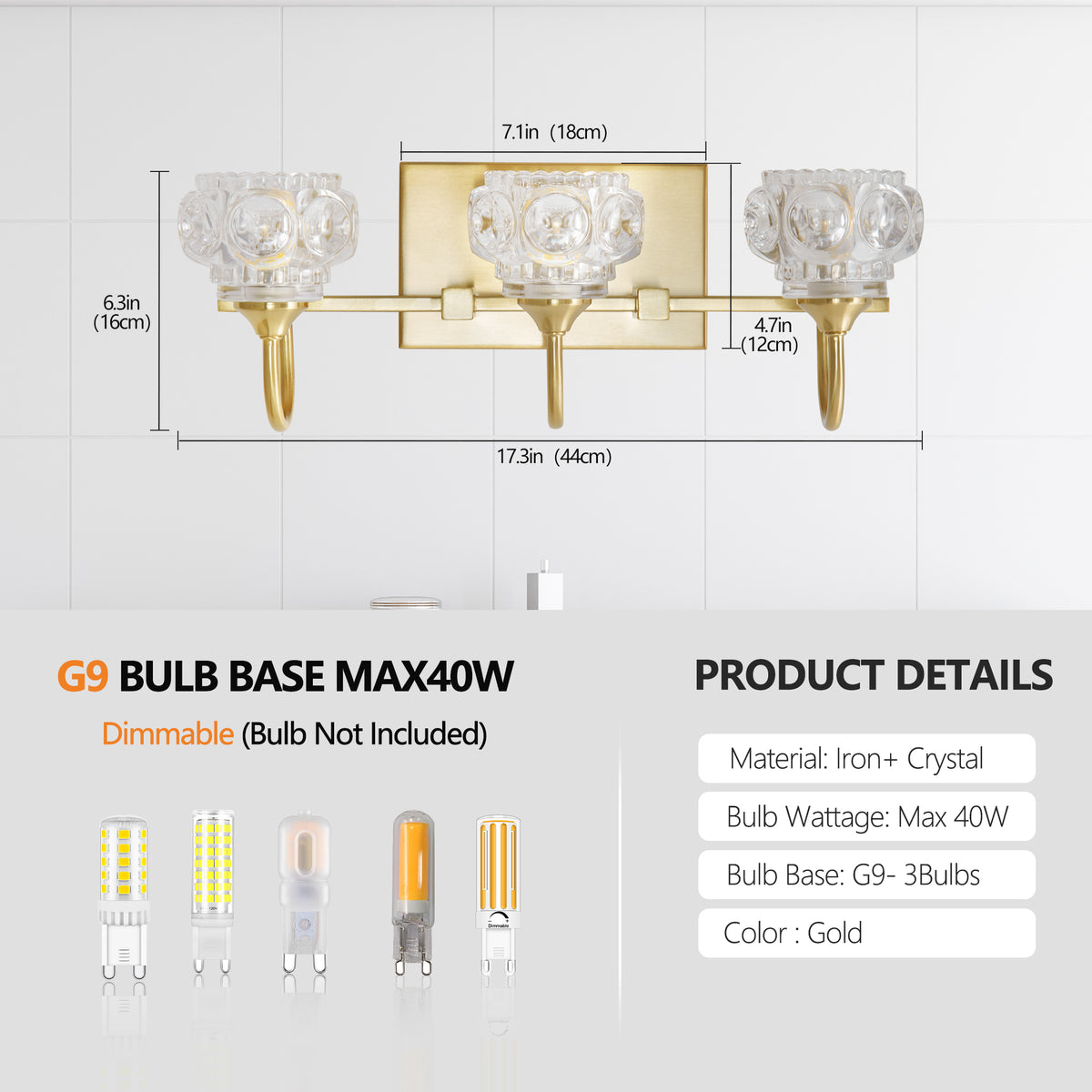 3-Light Gold Modern Crystal Bathroom Vanity Light