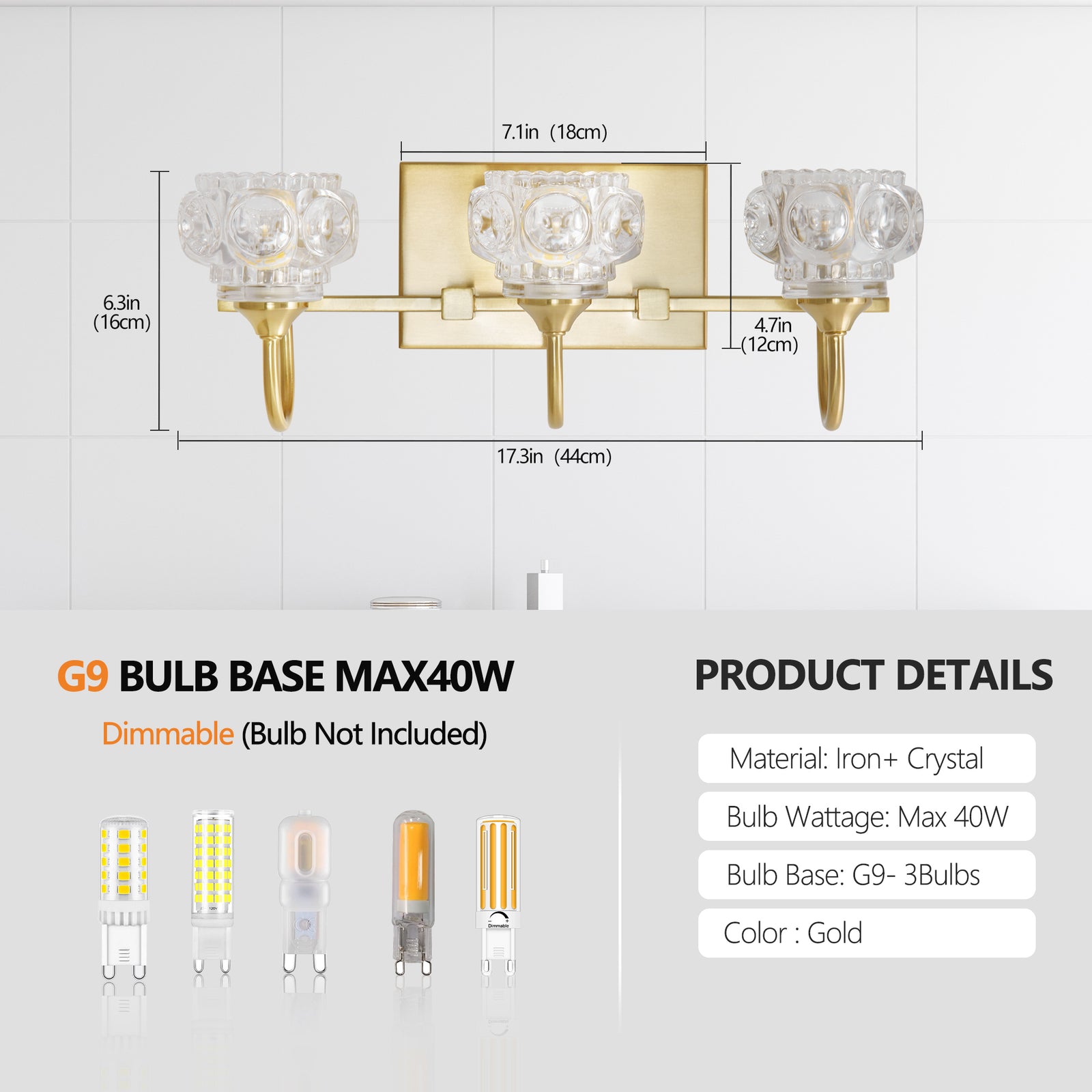 3-Light Gold Modern Crystal Bathroom Vanity Light