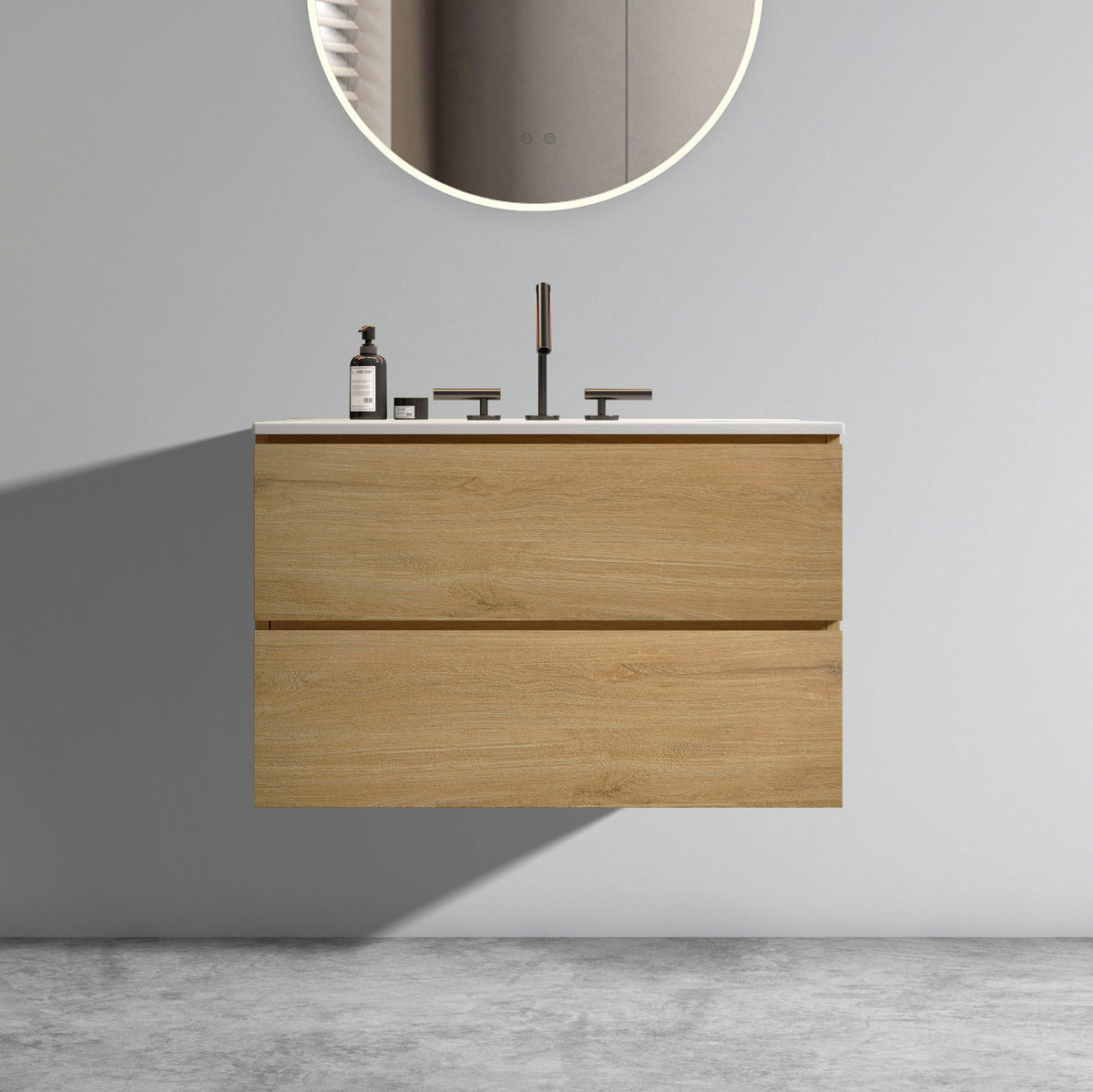 Wall Mount 30&#39; Natural Oak Bathroom Vanity with Ceramic Sink and Three Faucet Holes Large Storage Floating Vanity In Natural Oak