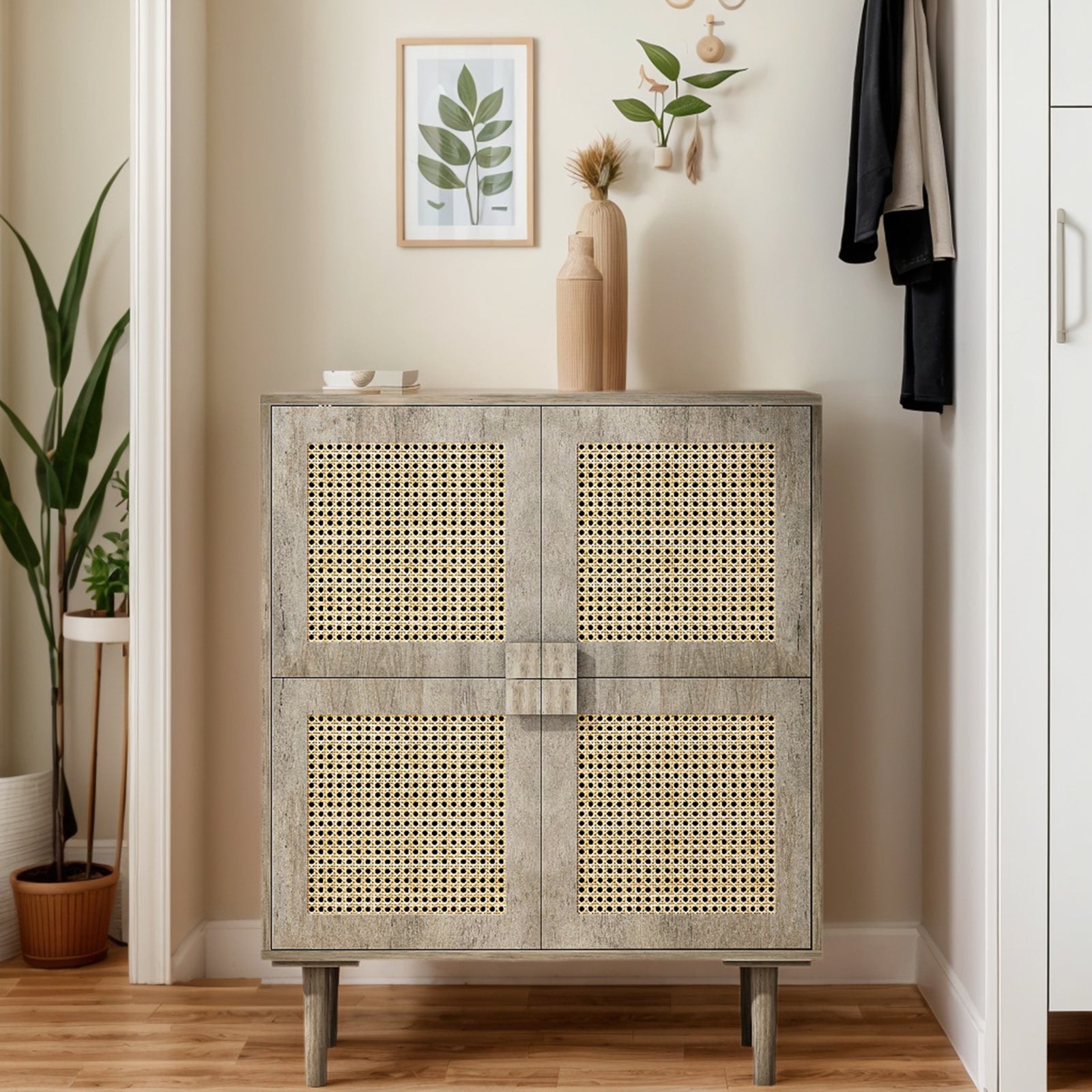 32" Gray Rattan Mesh Storage Cabinet
