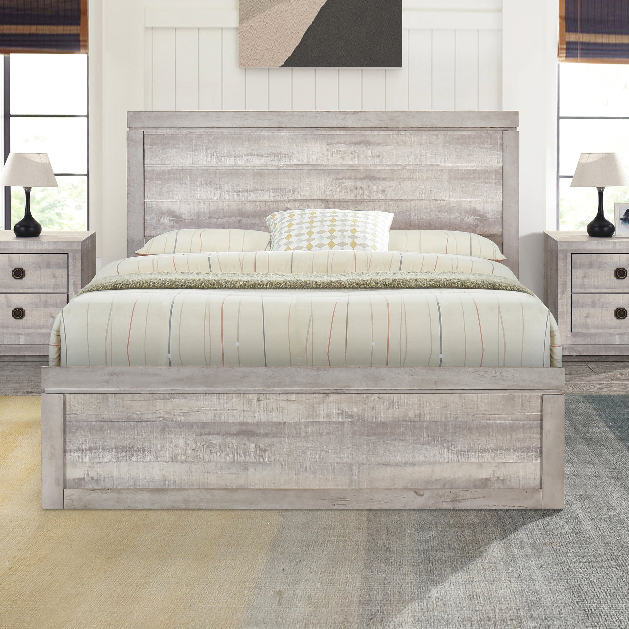 Rustic White Queen Farmhouse Style Platform Bed Frame