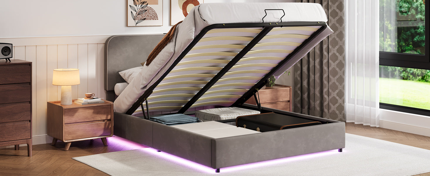 Gray Queen Hydraulic Storage Bed with LED Lights, Built-in Bluetooth Speaker, and USB Charging