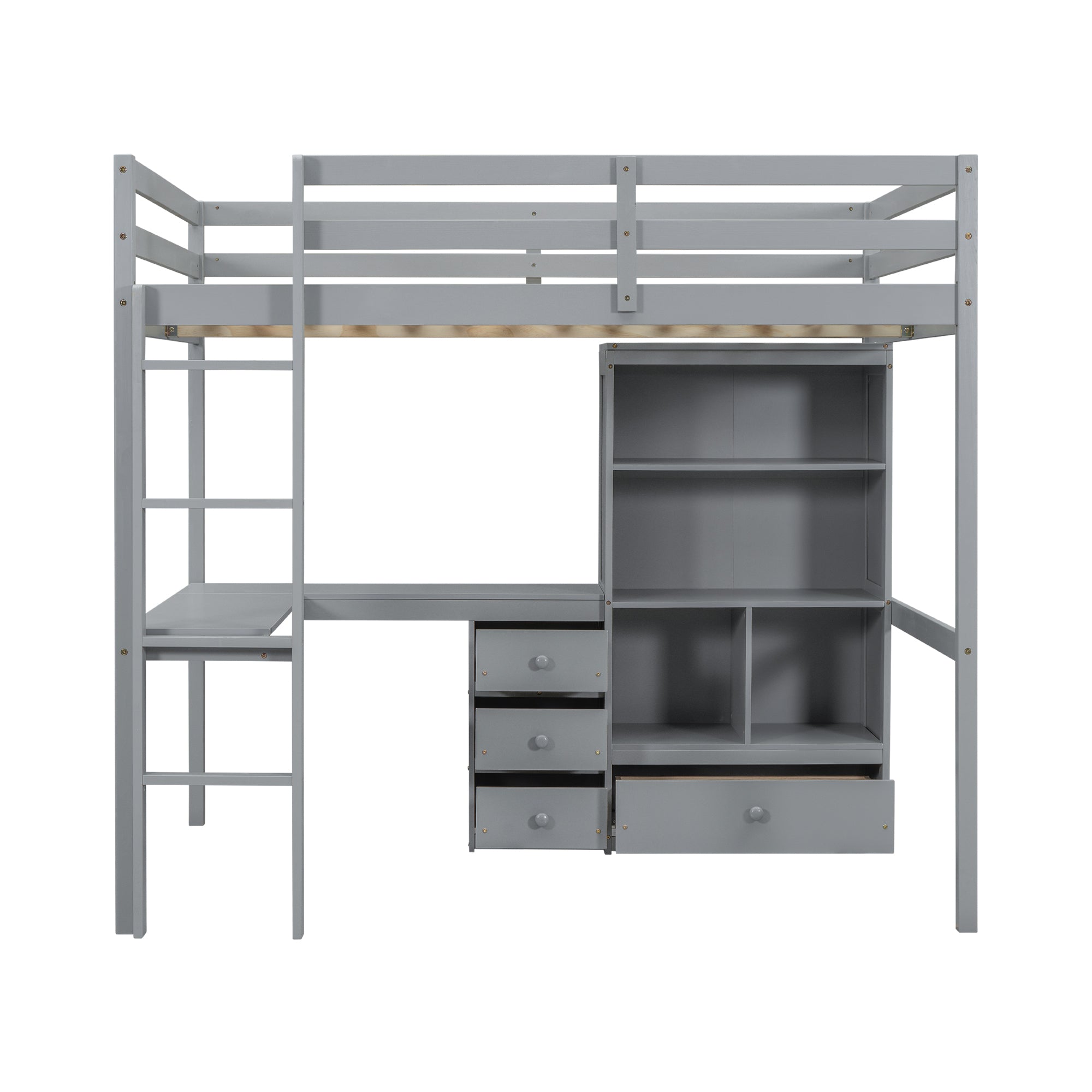 Gray Full Size High Loft Bed with Desk, Storage Shelves, and Drawers