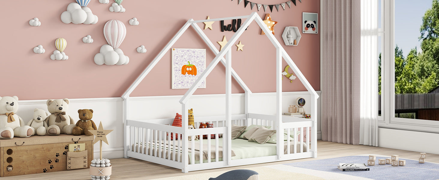 White Full Wood House-Shaped Toddler Floor Bed with Fence and Guardrails