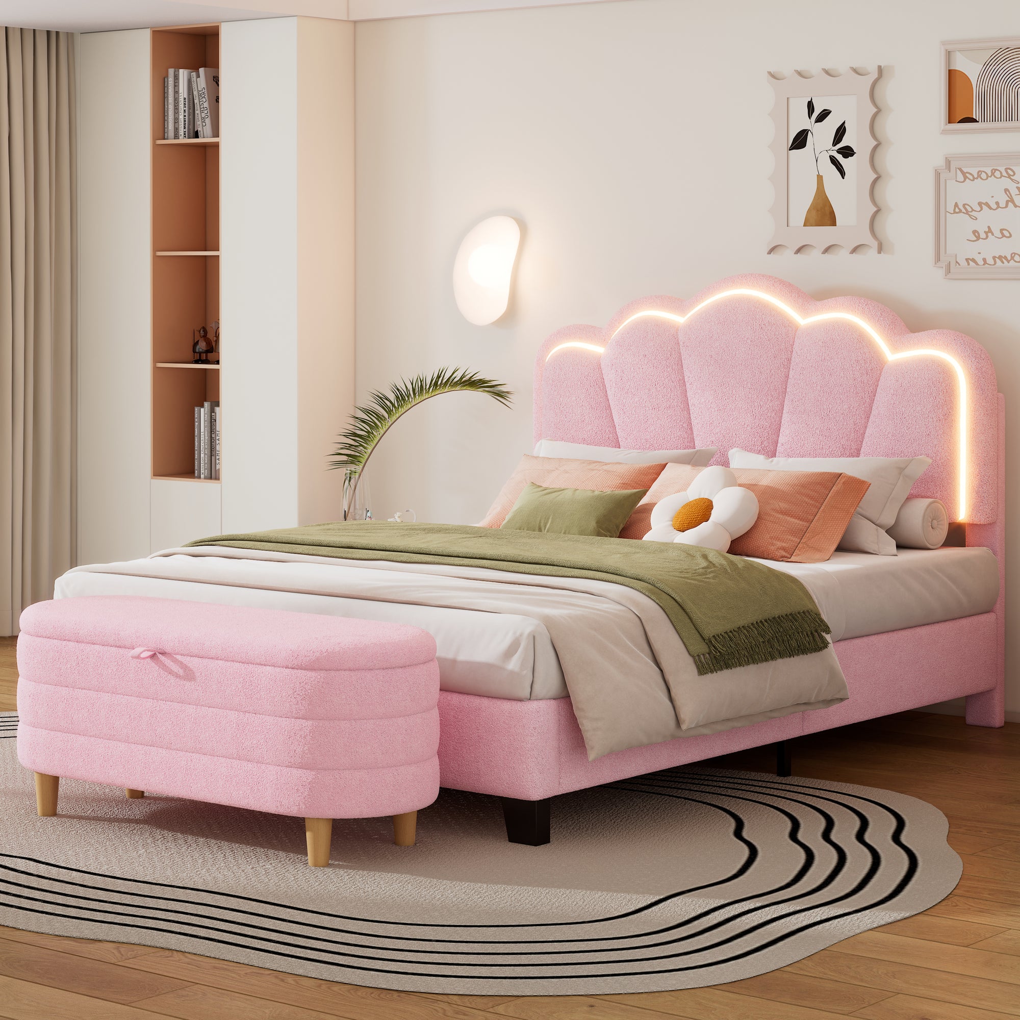 2-Pieces Bedroom Sets Full Size Upholstered LED Bed with Storage Ottoman In Pink