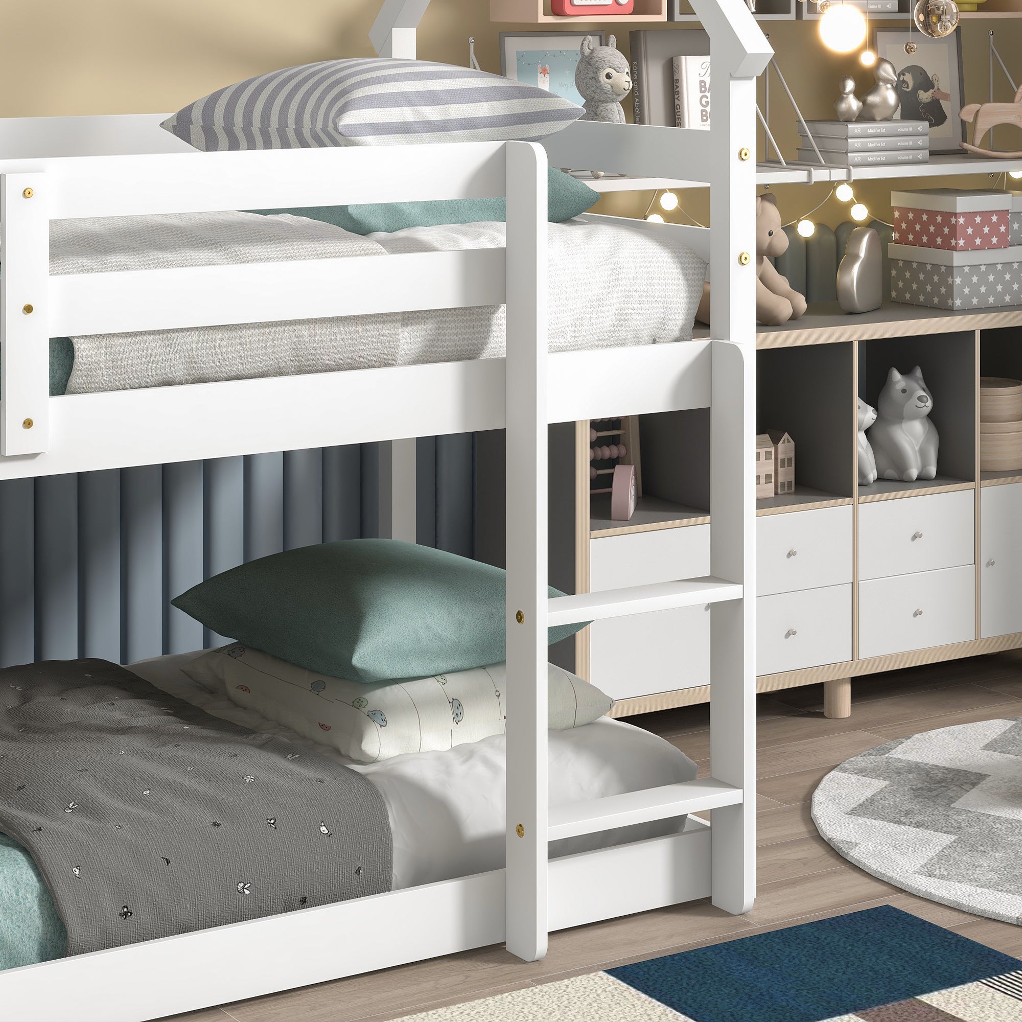 White Twin over Twin Loft Bed with Roof Design, Safety Guardrail, and Ladder