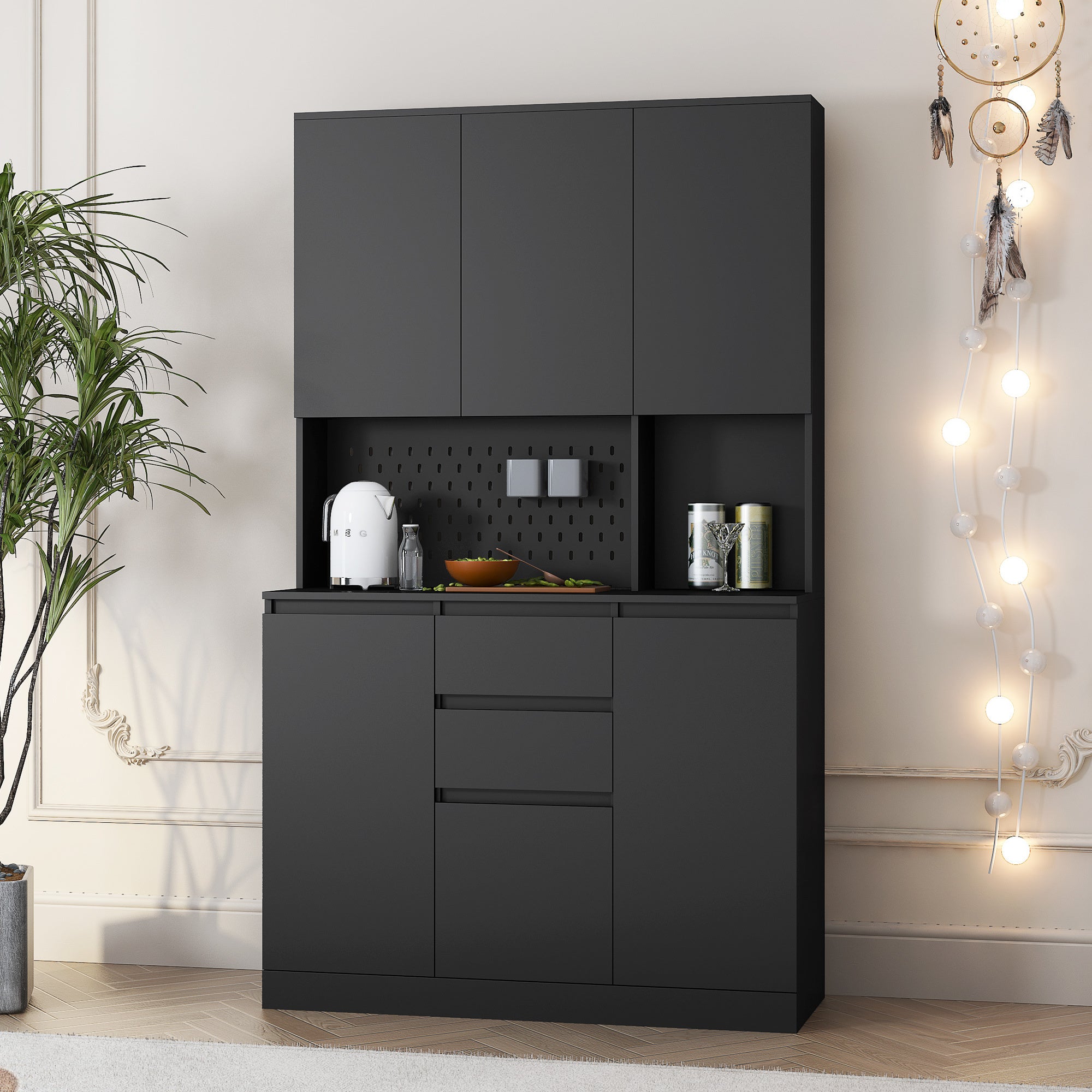 74 Inch Freestanding Kitchen Pantry Cabinet with 6 Doors 3 Shelves and 2 Drawers Versatile Storage Solution In Black