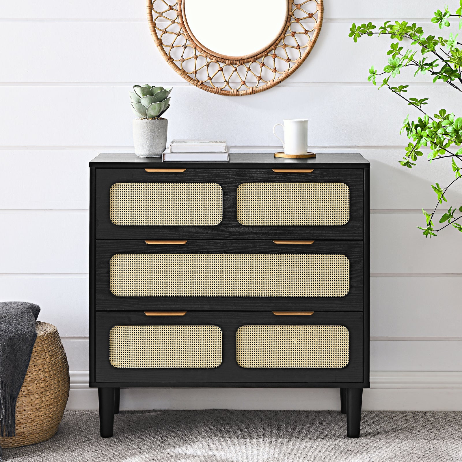 32" Black Mid Century Modern Rattan 3 Drawer Dresser Cabinet